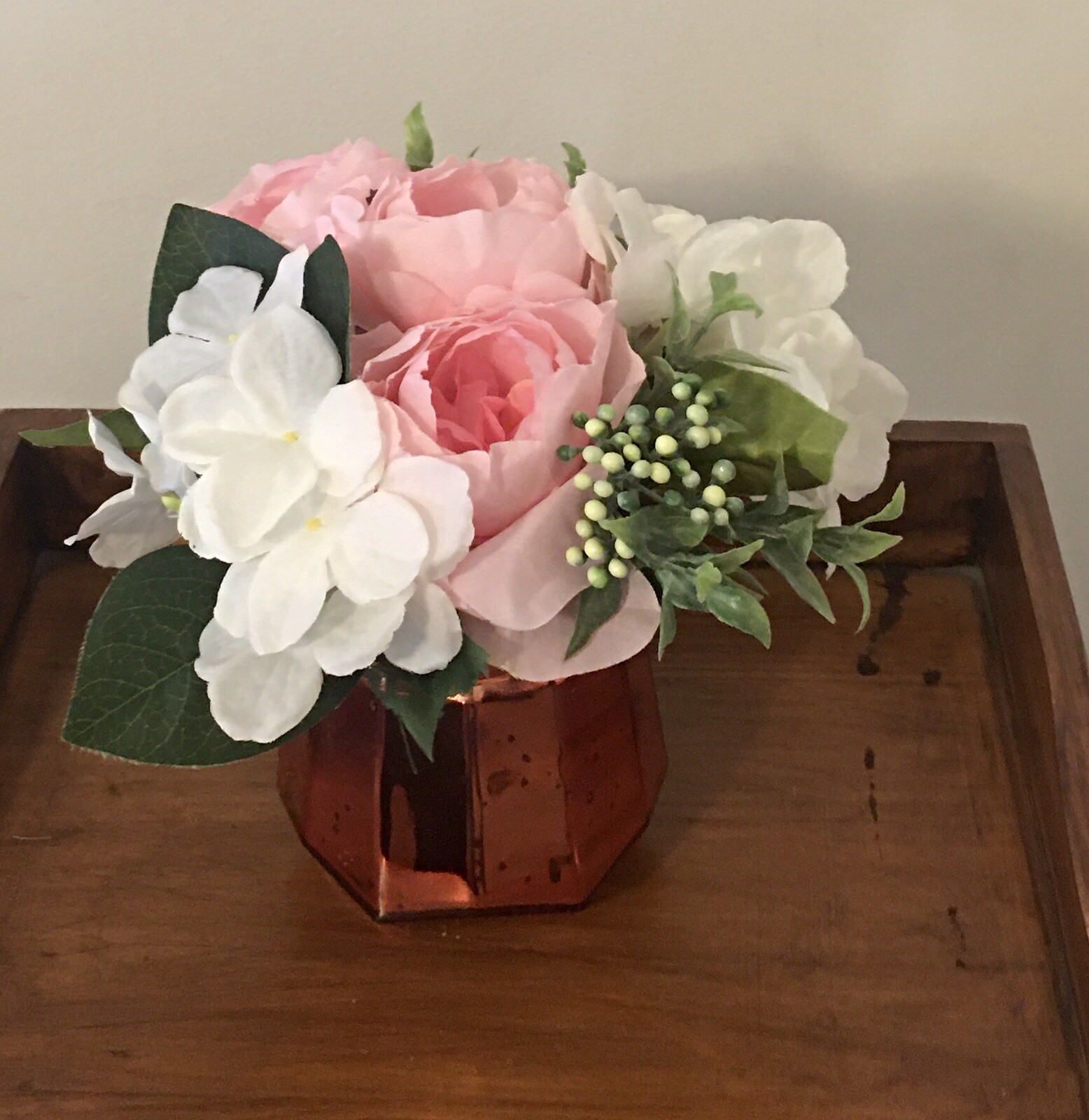 Floral Arrangement with Dahlia Hydrangea Berries in Bronze Glass Vase Handmade