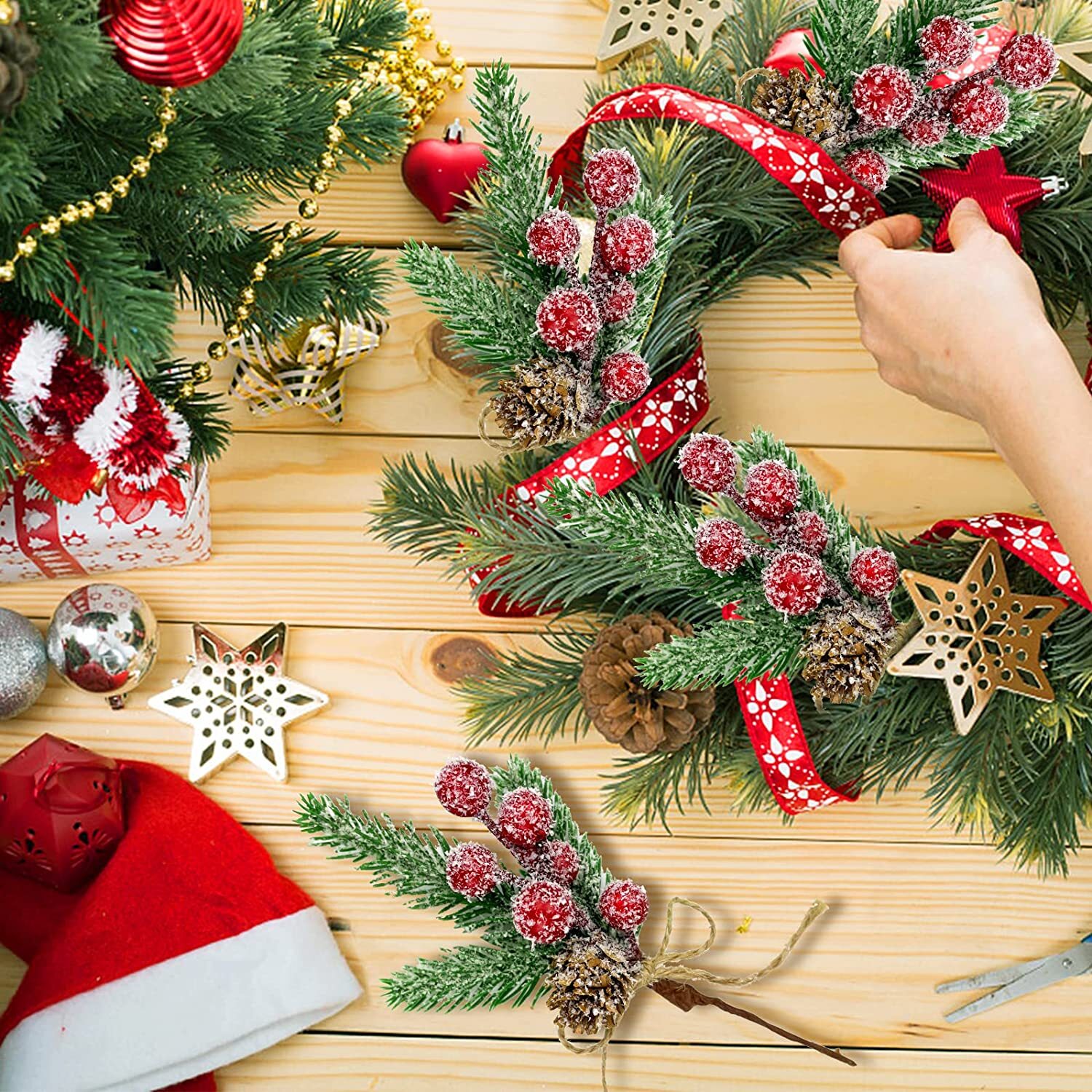 10× Christmas Berries Pine Cones Artificial Pine Picks with Snowflakes Holly US
