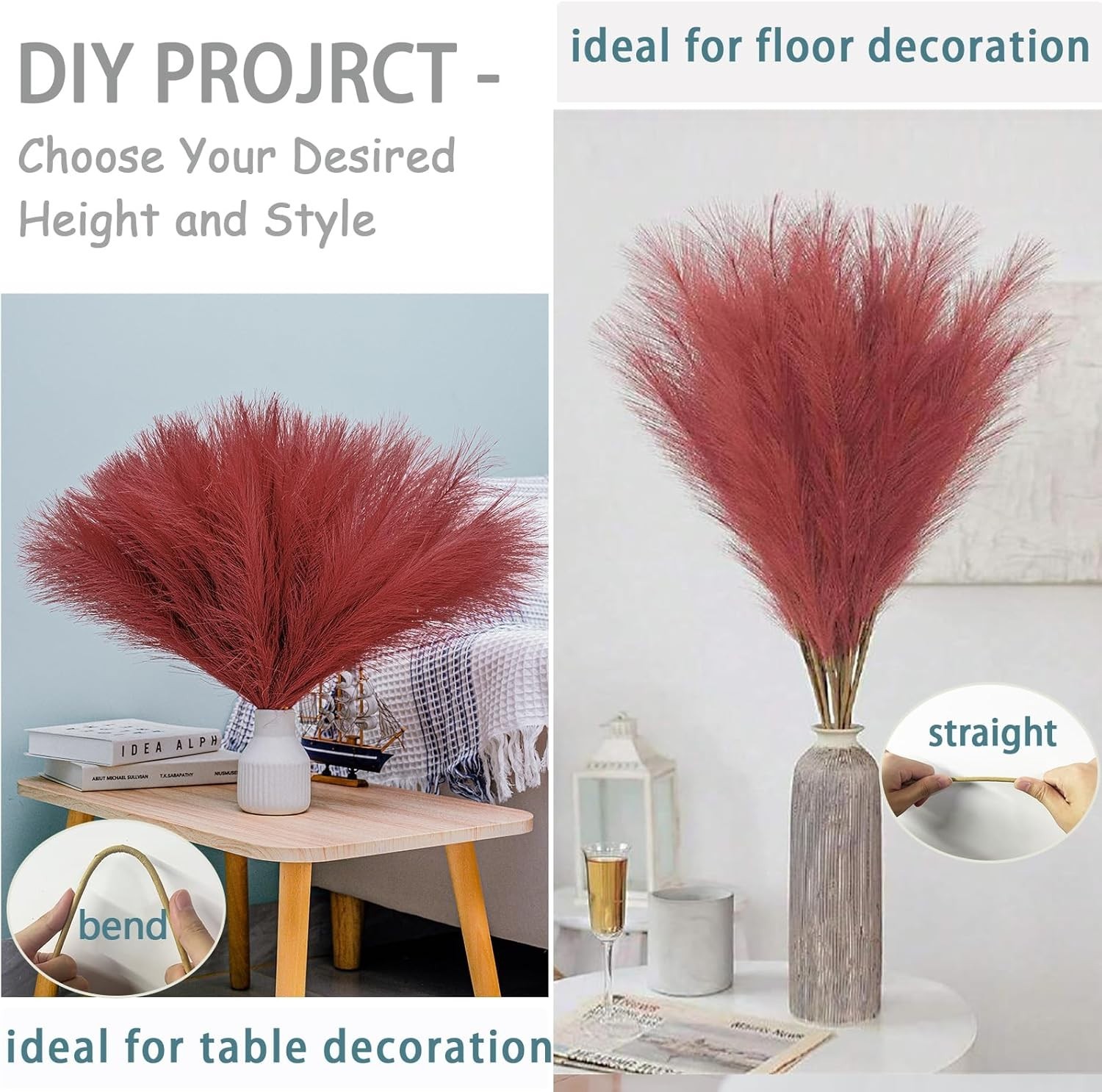 38″ 10 Stems Faux Pampas Grass Tall – Red Tall Pampas Grass Decor Pompas Flor…