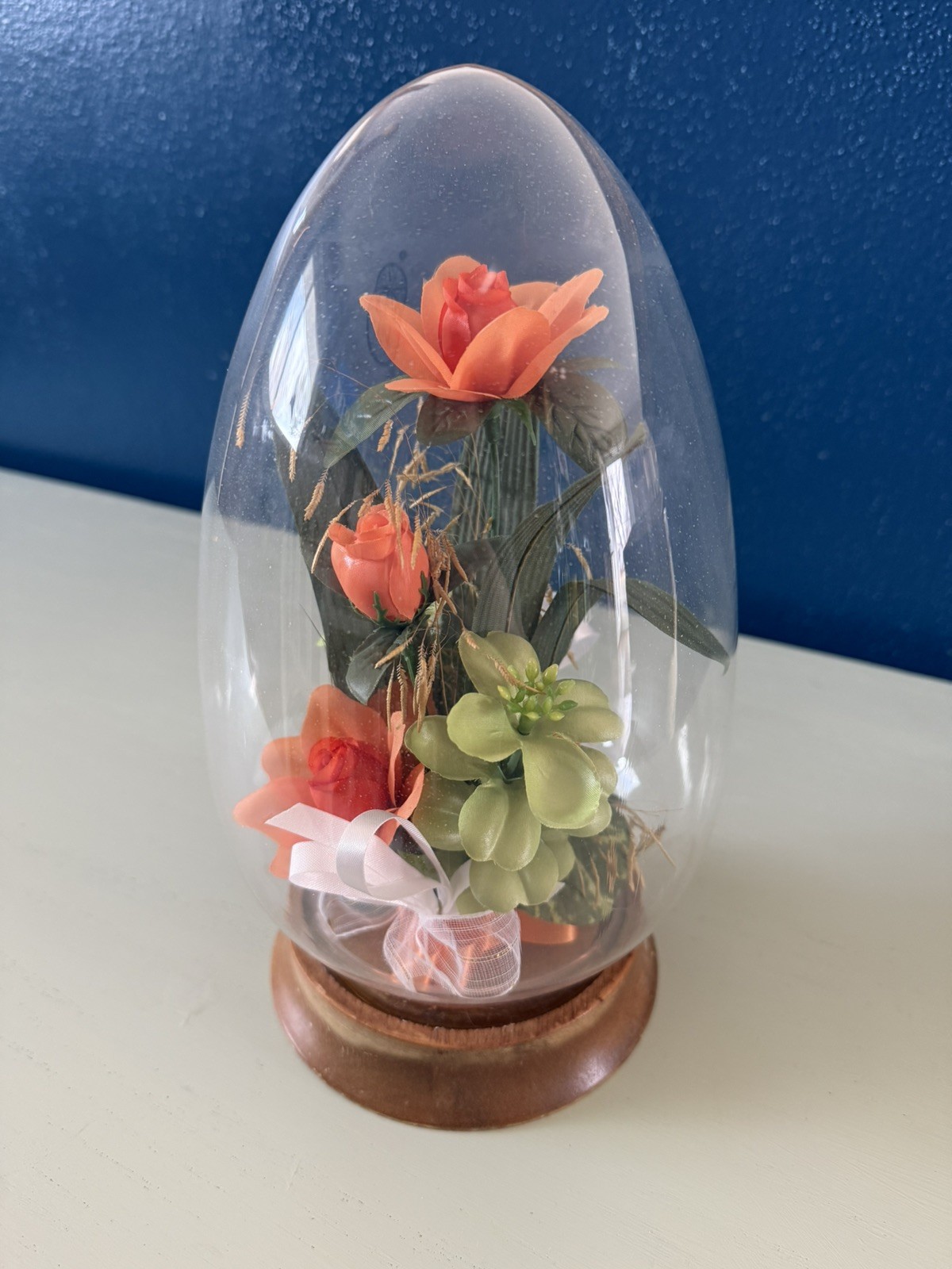 Vintage MCM Silk Orange Flowers Ribbon Wooden Base Glass Dome Arrangement 10.5″