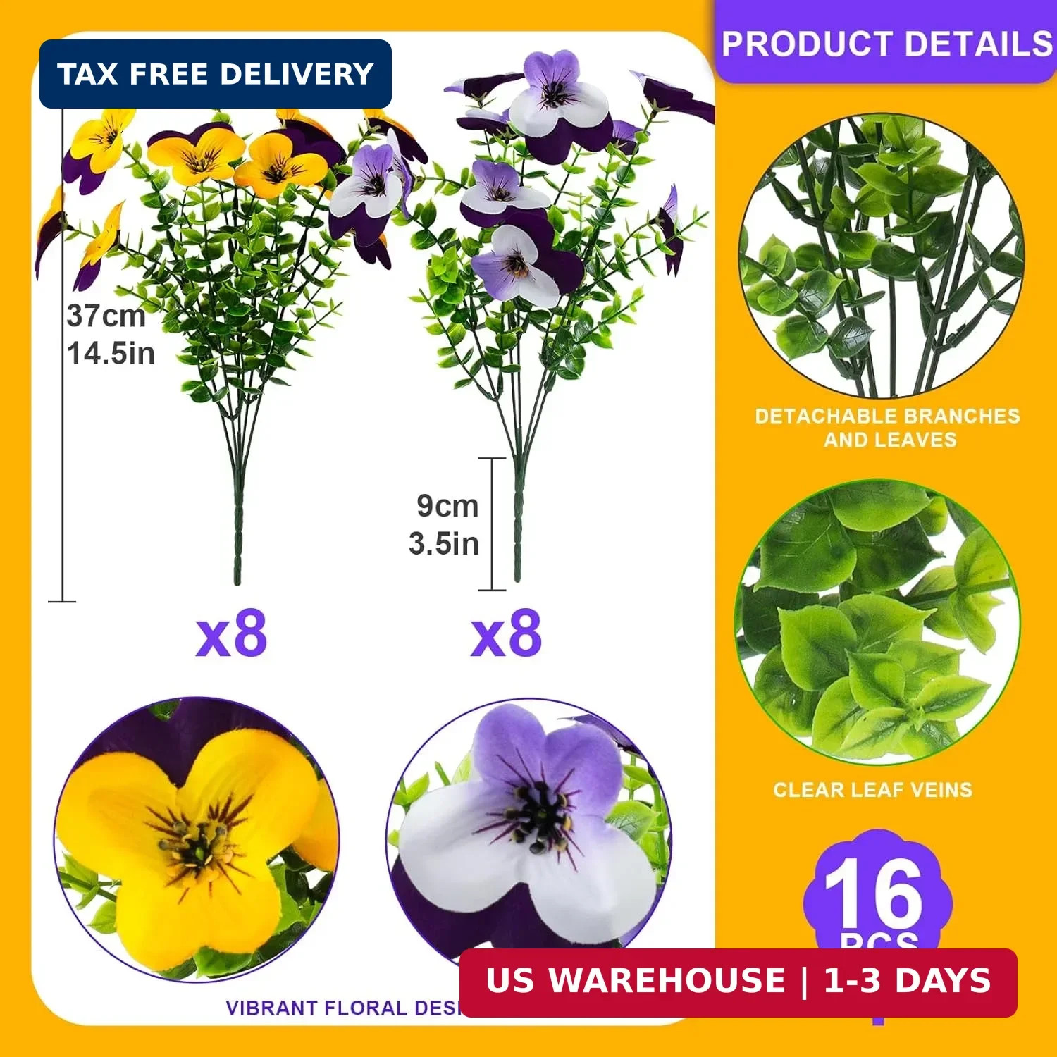 16 Pcs Artificial Pansy Flowers for Outdoor Faux Silk Spring Flowers for Outside
