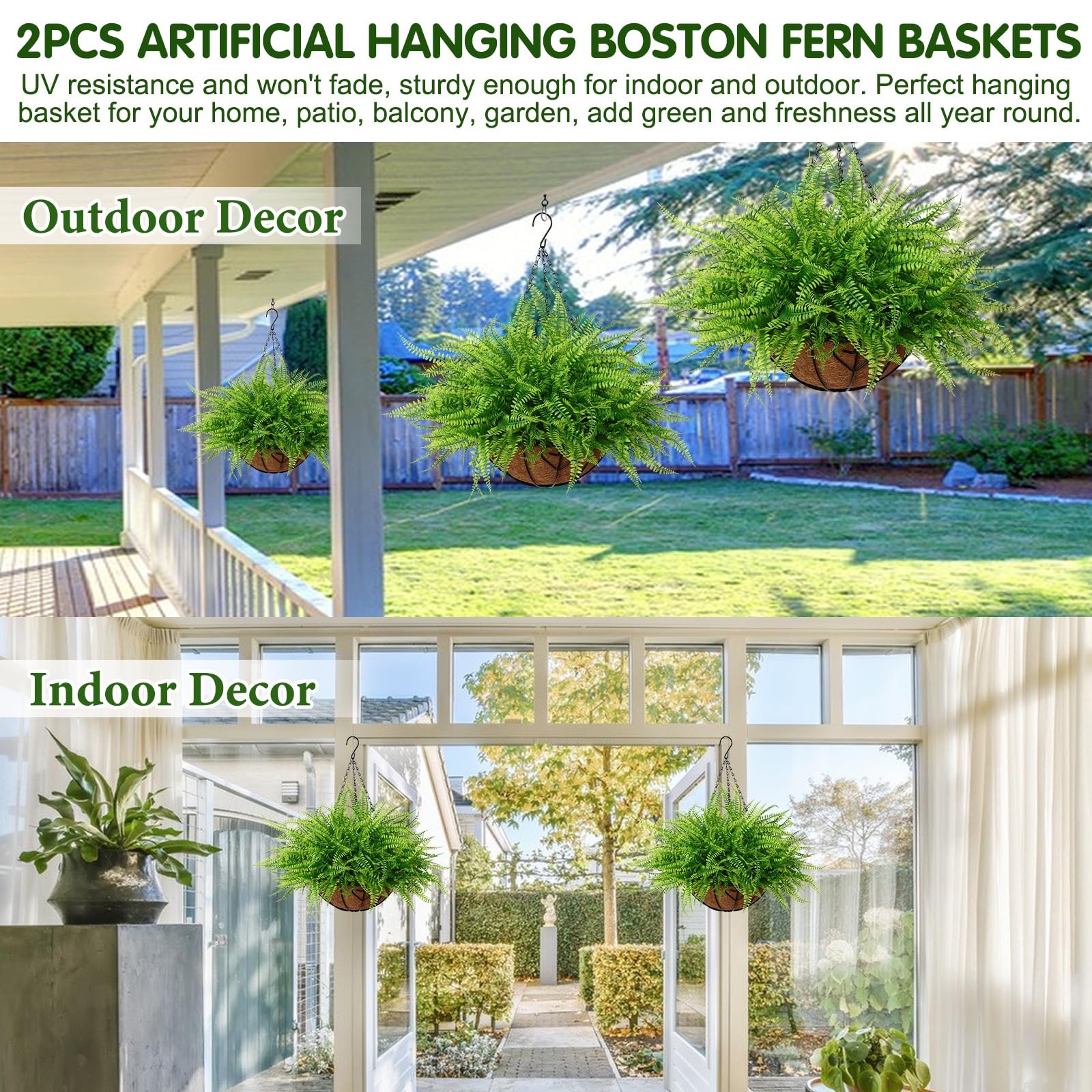 Artificial Hanging Plants with Basket 2PCS Fake Boston Fern Baskets, Outdoor …