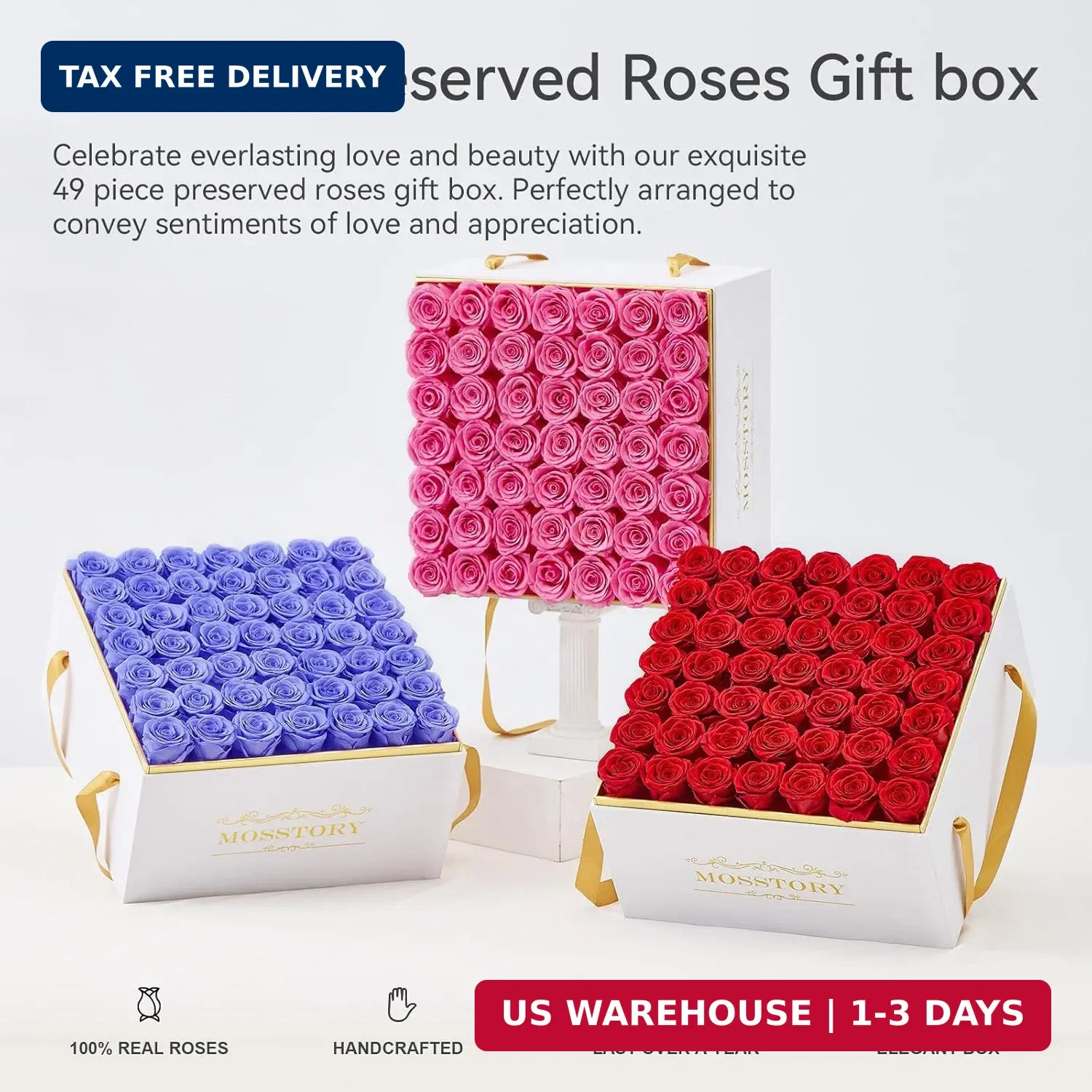 Mosstory Forever Flowers 49-Piece Preserved Roses in a Box Gifts for Her Women W