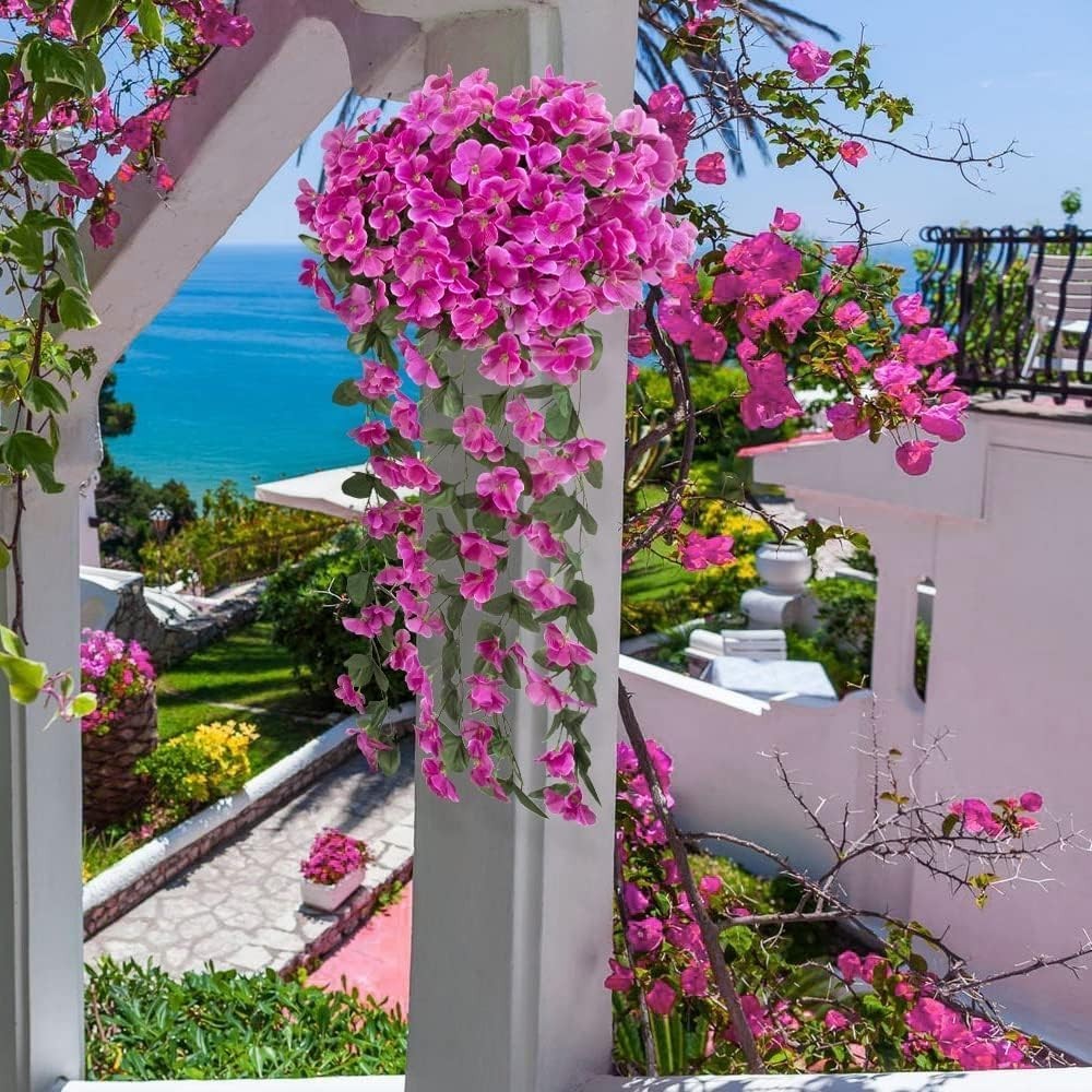 4 Pcs Artificial Hanging Violet Flowers, Fuchsia | Look real fake hanging plants