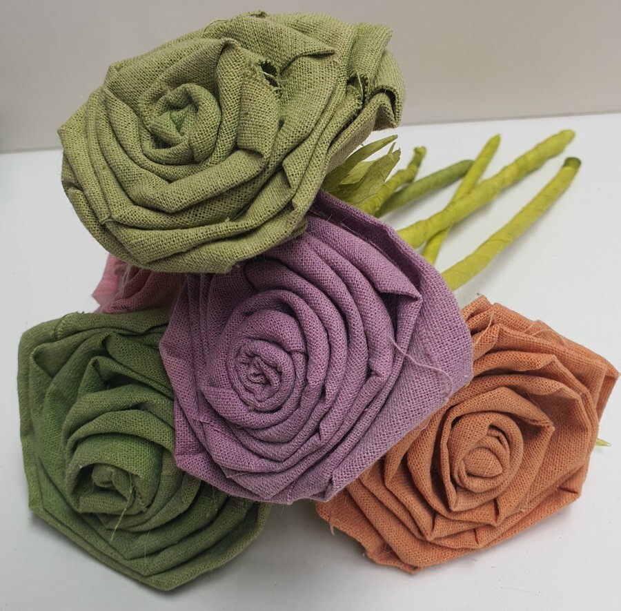 Handmade Linen Material Roses on Green Stems Shabby Chic 30cm Tall Multicolour