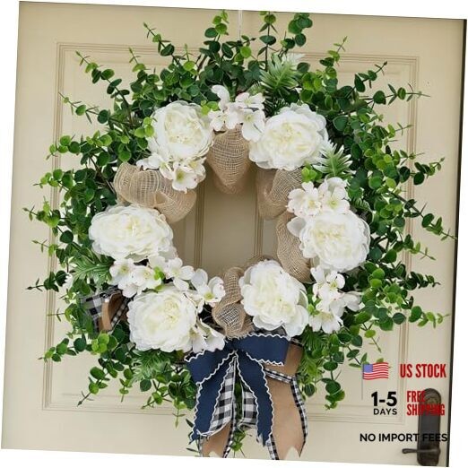 24″ Spring Peony & Eucalyptus Wreath for Front Door – Artificial Flowers White