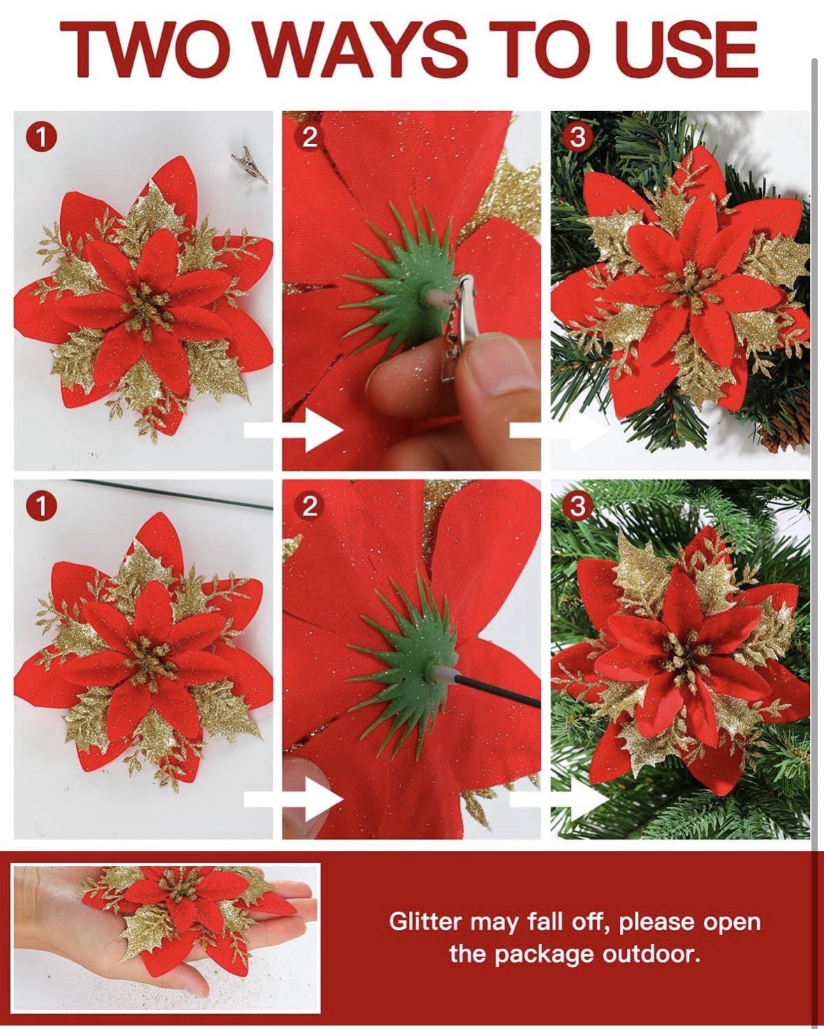 12pc Red/Gold Articial Glitter Poinsettia Flowers Clips & Stems Christmas 5.5in