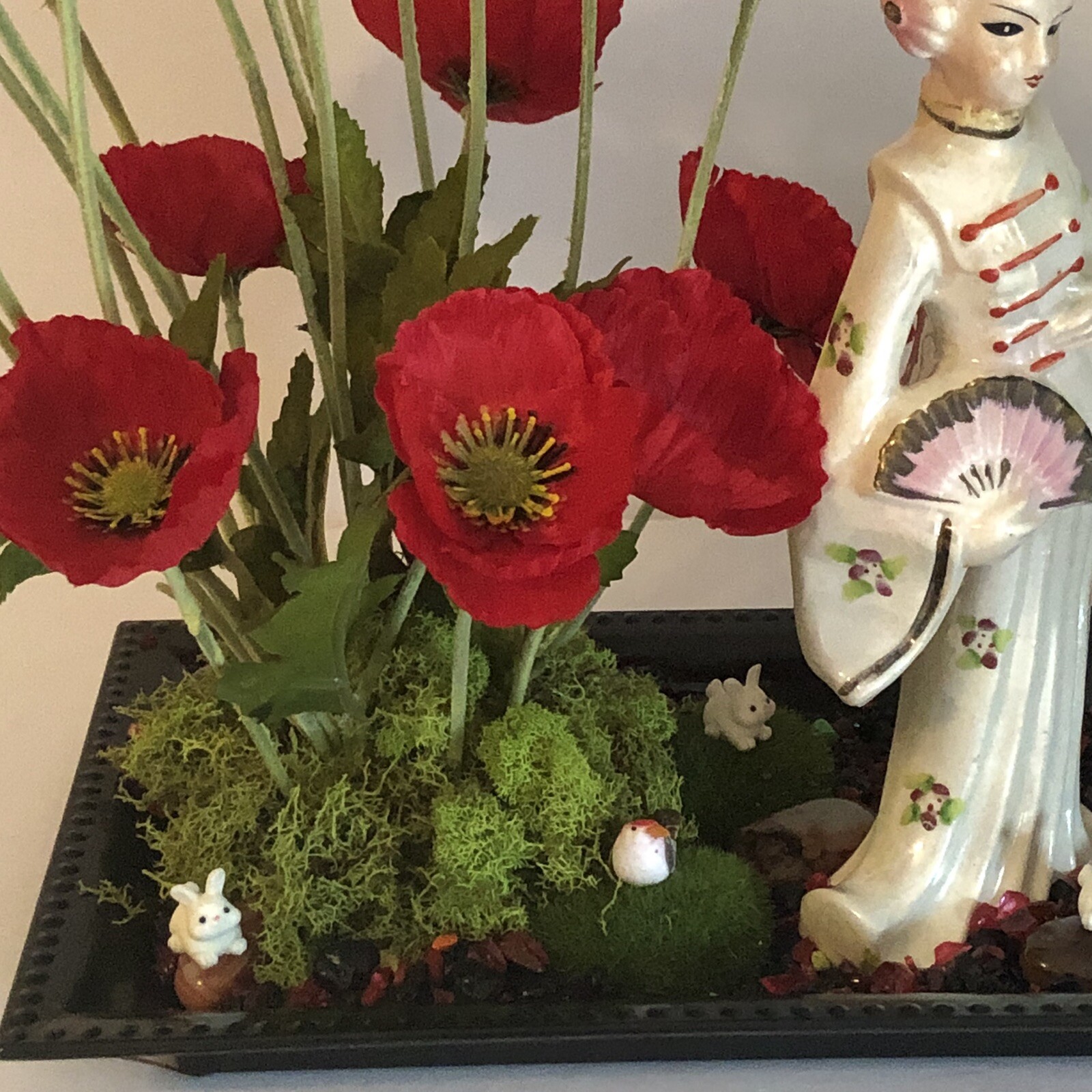 OOAK Asian Art Assemblage Geisha Garden Diorama Faux Poppies Home Decor