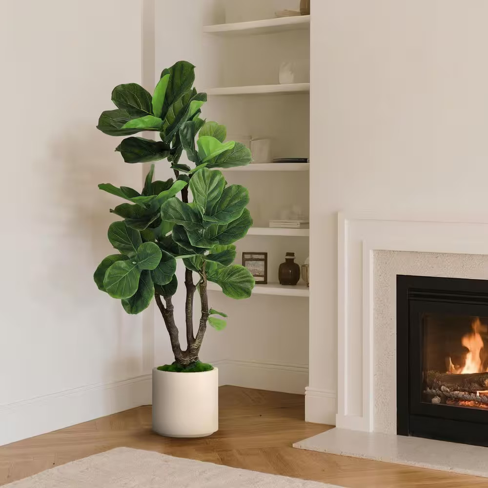 4.5 Ft. Artificial Fiddle Leaf Fig Tree in White Decor Pot, Faux Green Plant Ind