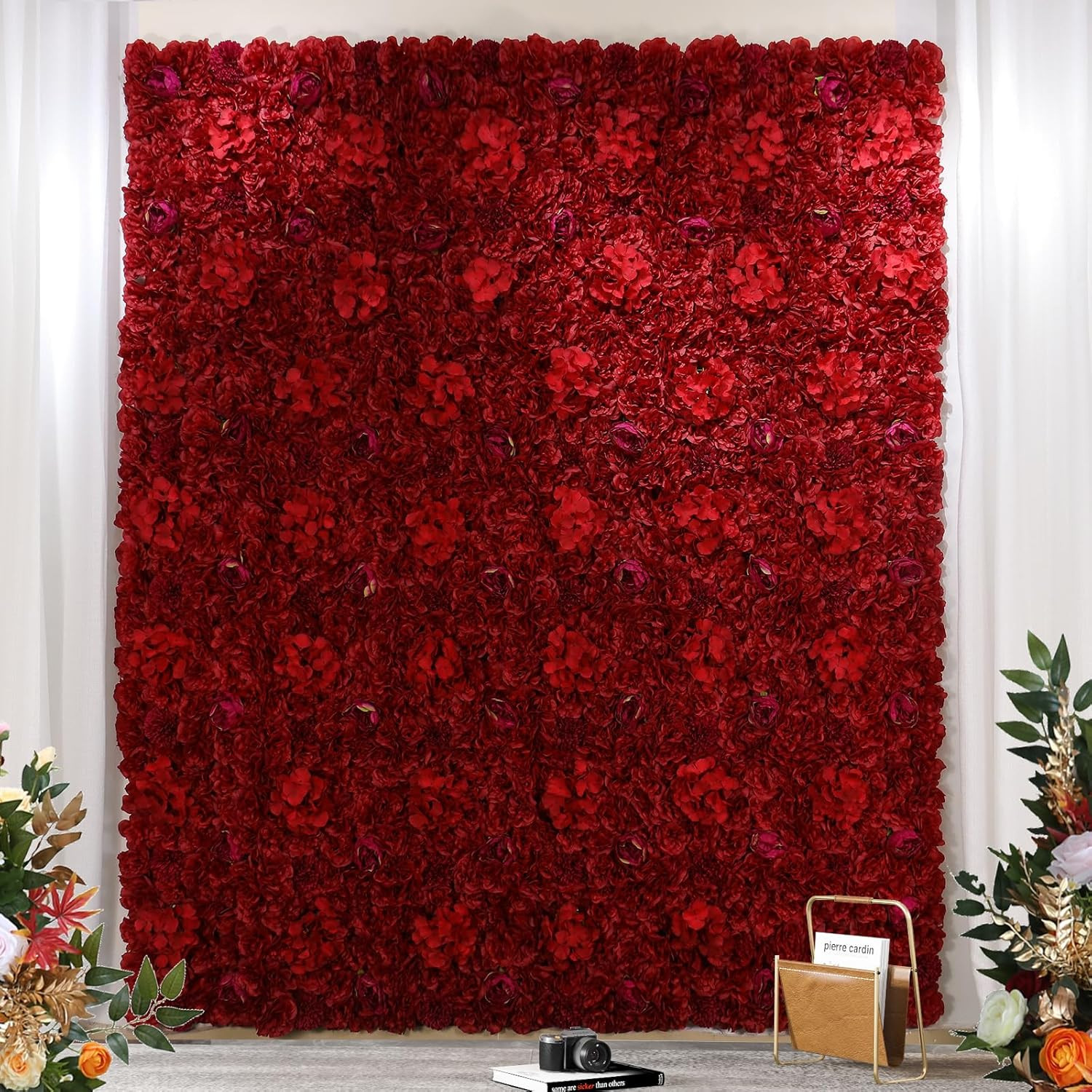 Maroon Flower Wall Panel Set – 12 Pcs Silk Rose Backdrop for Events & Home Decor