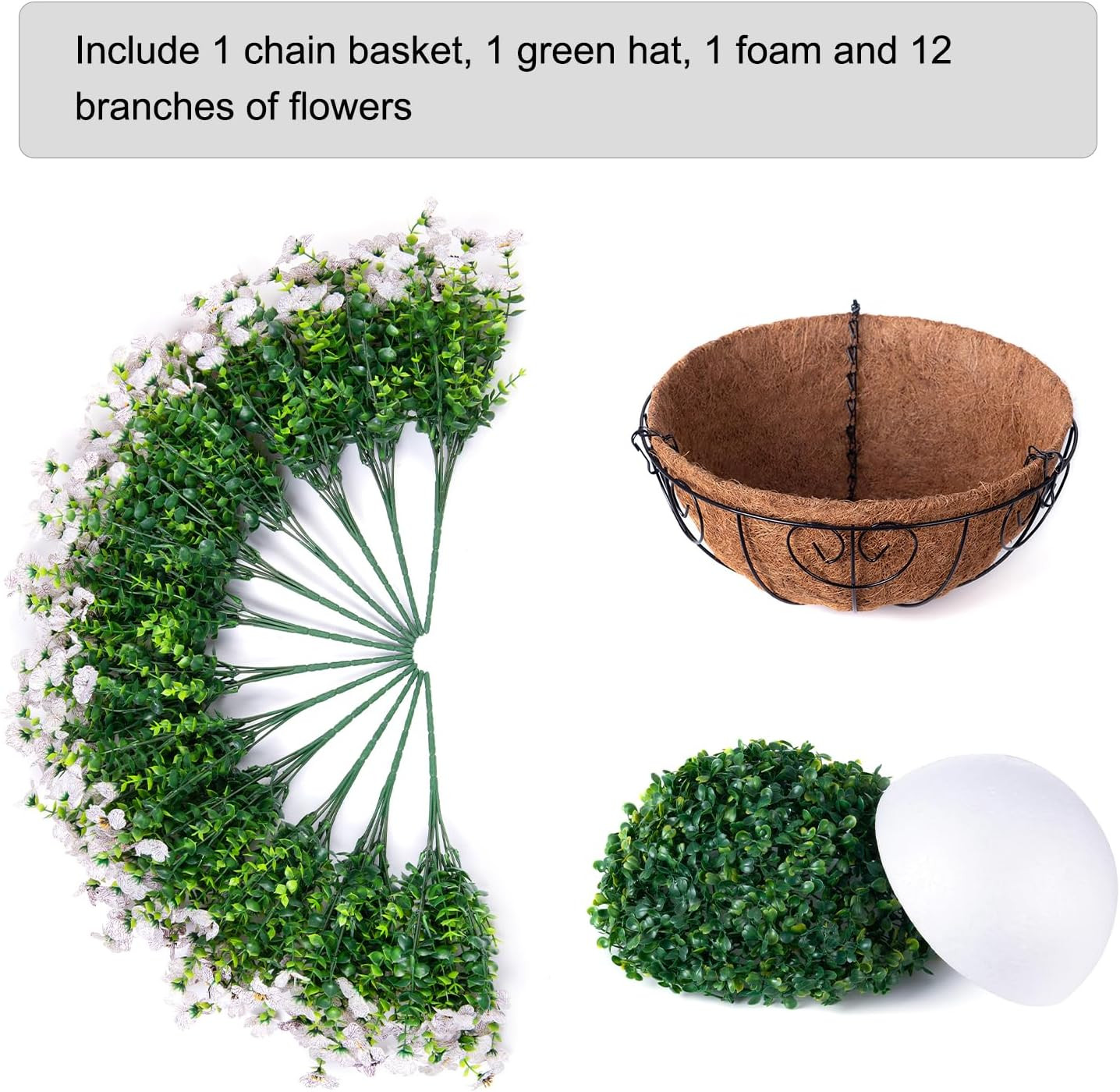 Artificial Fake Hanging White Plants Flowers Basket for Outdoor Fall Winter, Fau