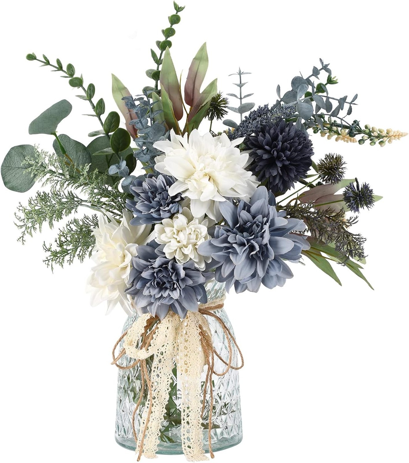 Artificial flowers in vase, farmhouse centerpiece, white gray-blue floral
