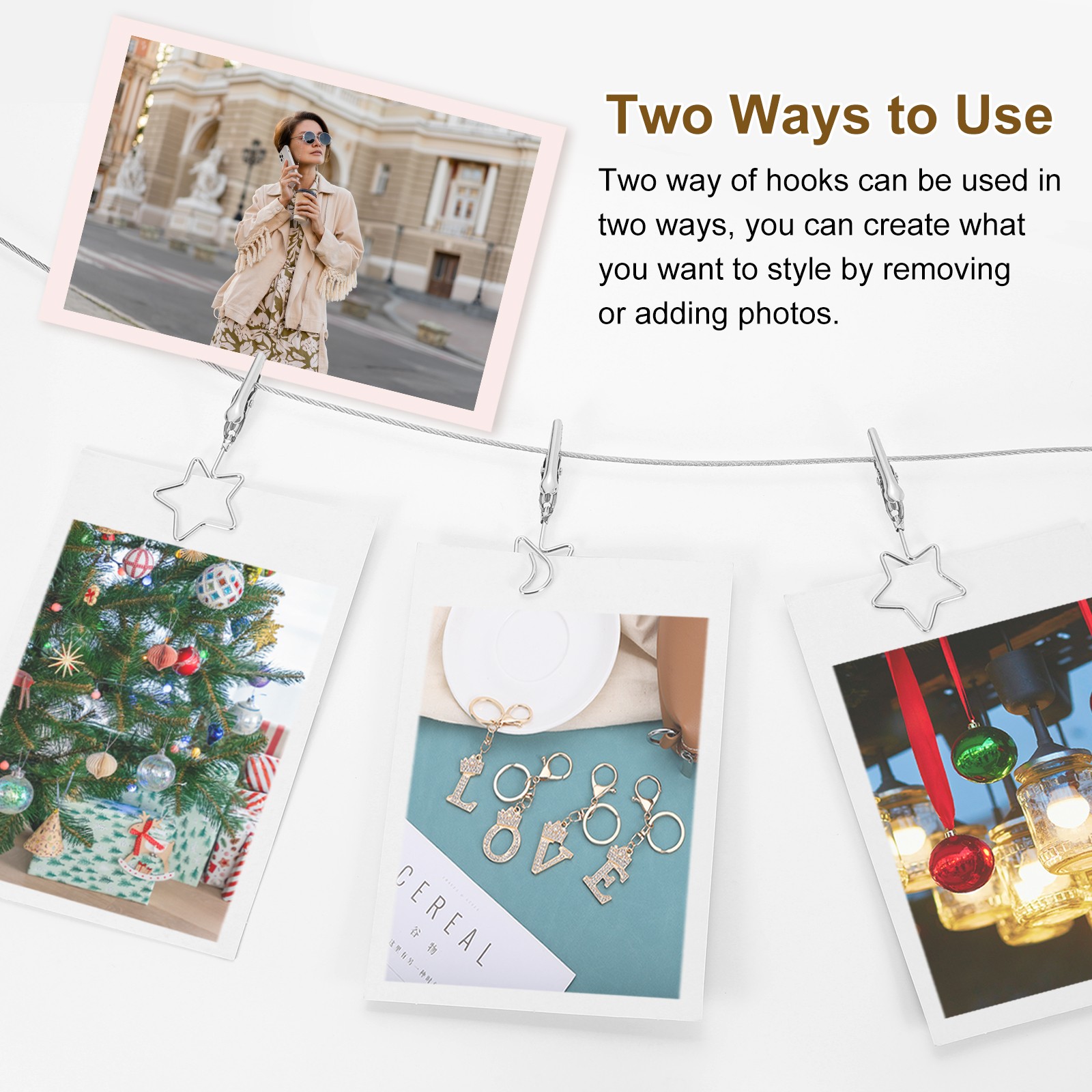 5Ft Wall Hanging Photo Display Cable Wire Rod with 10 Star Shaped Clips, Silver