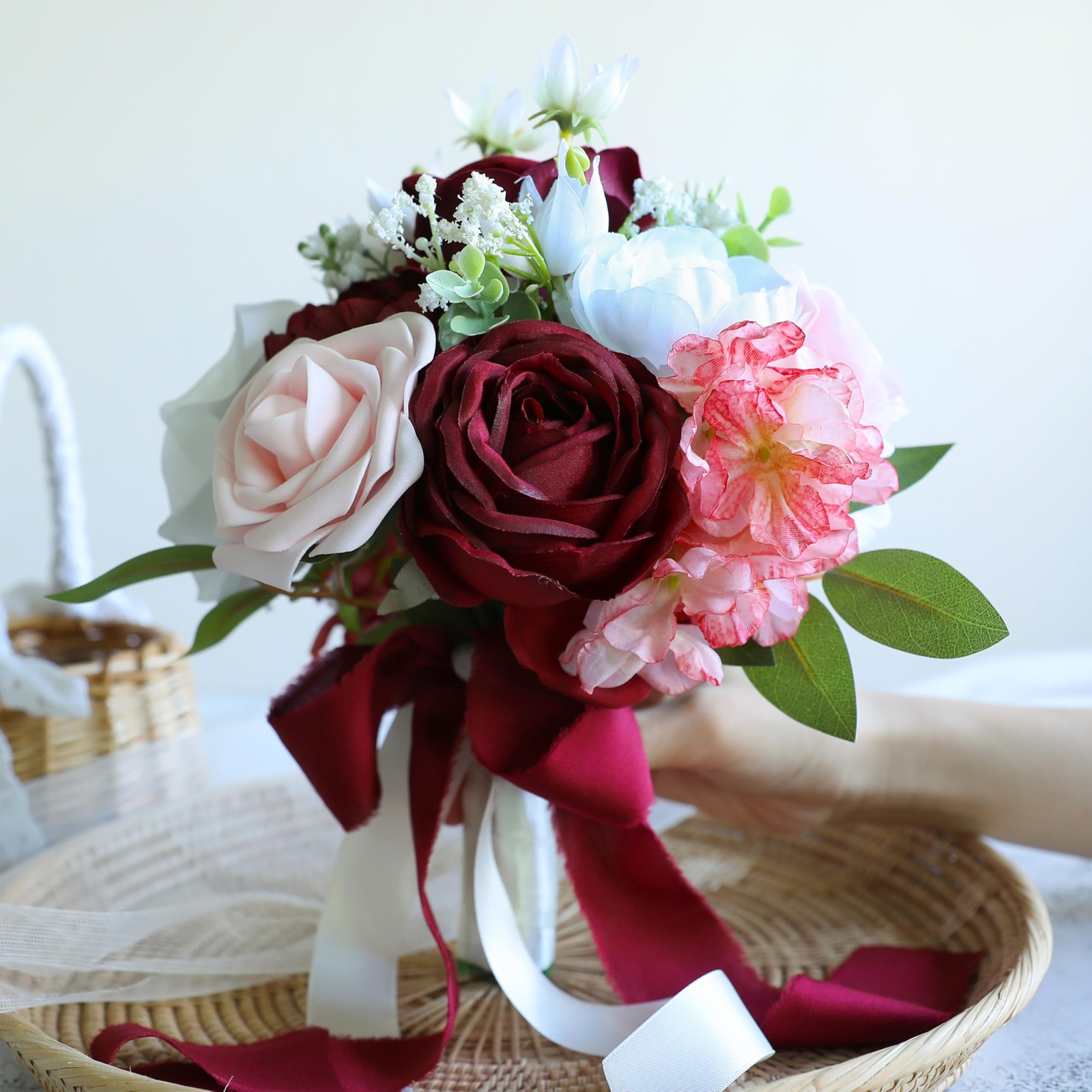 Burgundy, Blush Wedding Bouquet, Bride, Bridesmaid, Artificial Prom Flowers