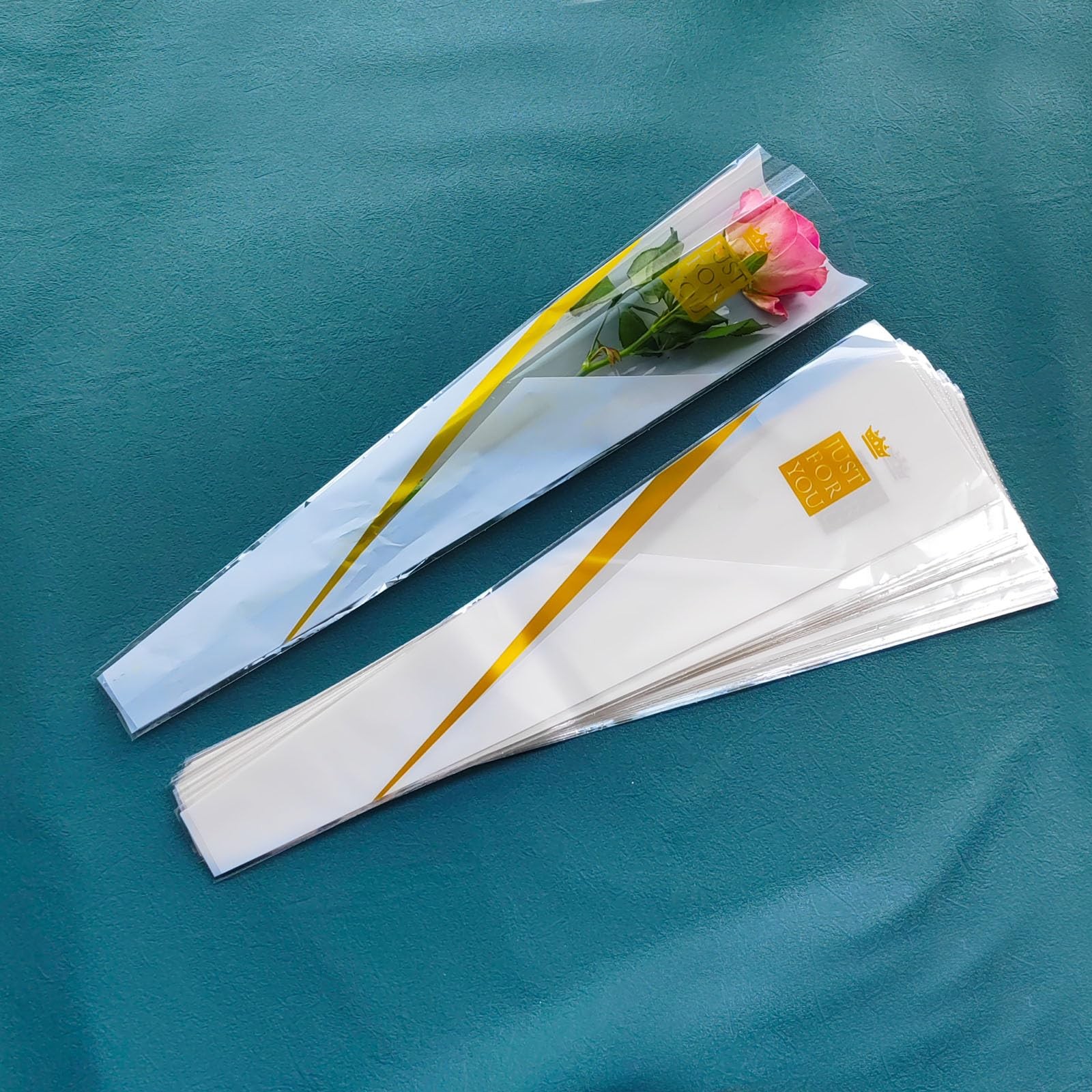 50 Pcs Clear Single Rose Sleeves Flower Bouquet Packaging Bags Plastic White