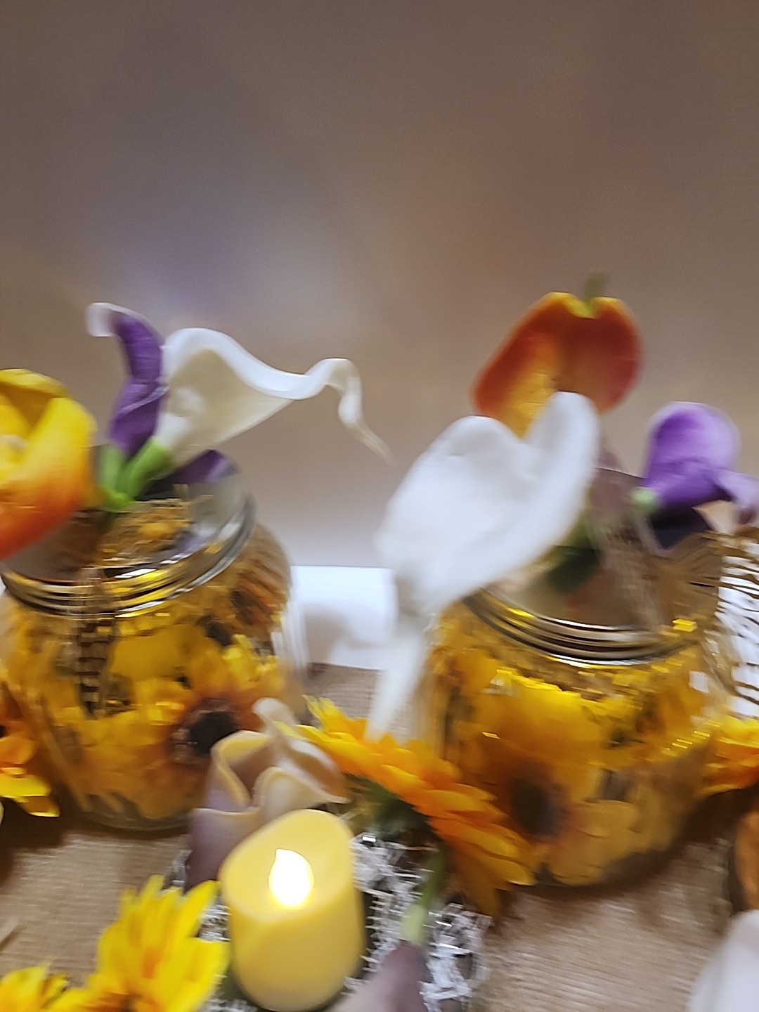 Sunflower Display W/ Lights 70 Inch Burlap 3 Canning Jar 10 Floral Candle Holder