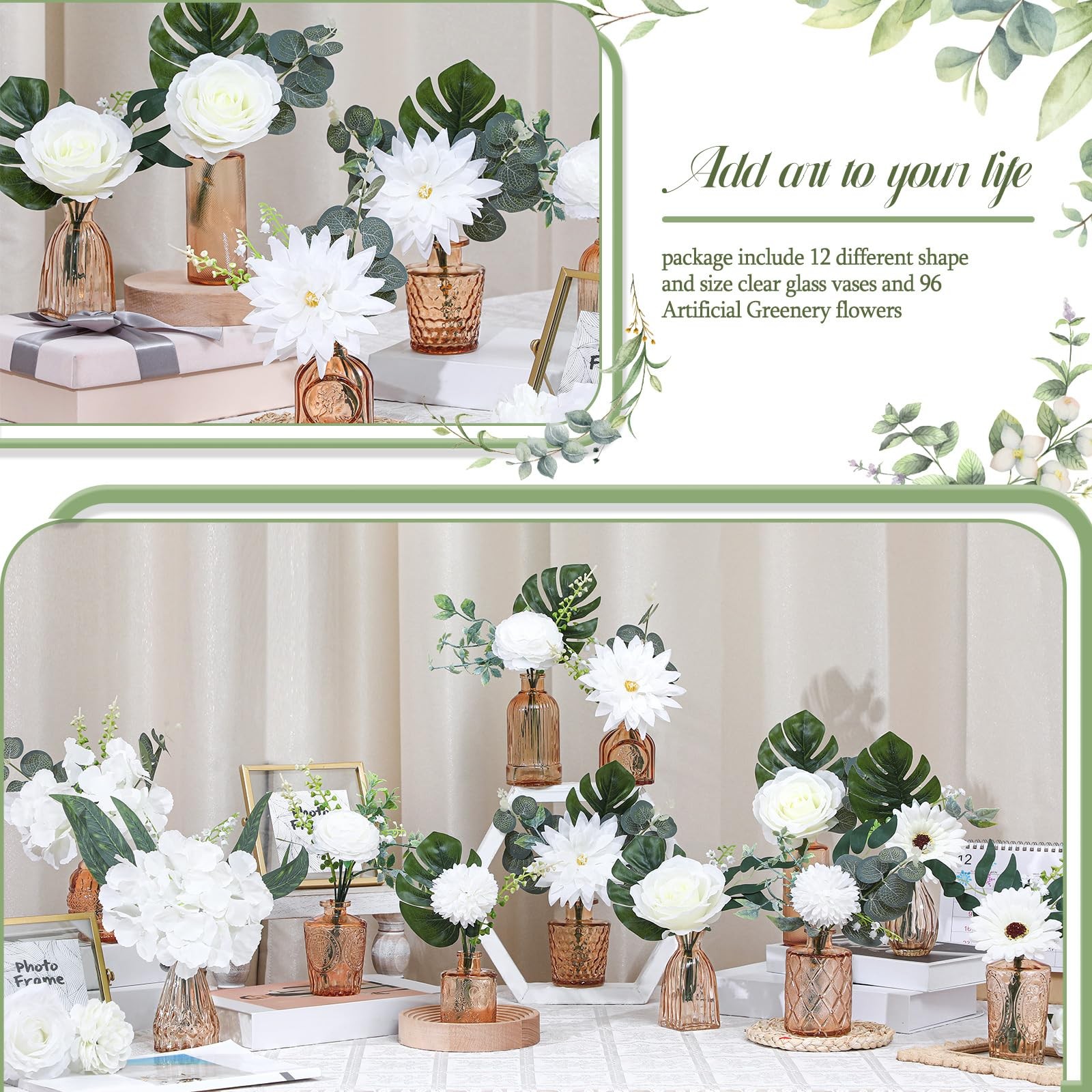 FoldTier 108 Pcs Artificial Flowers in Vase 96 Pcs Faux Greenery Stem Table C…