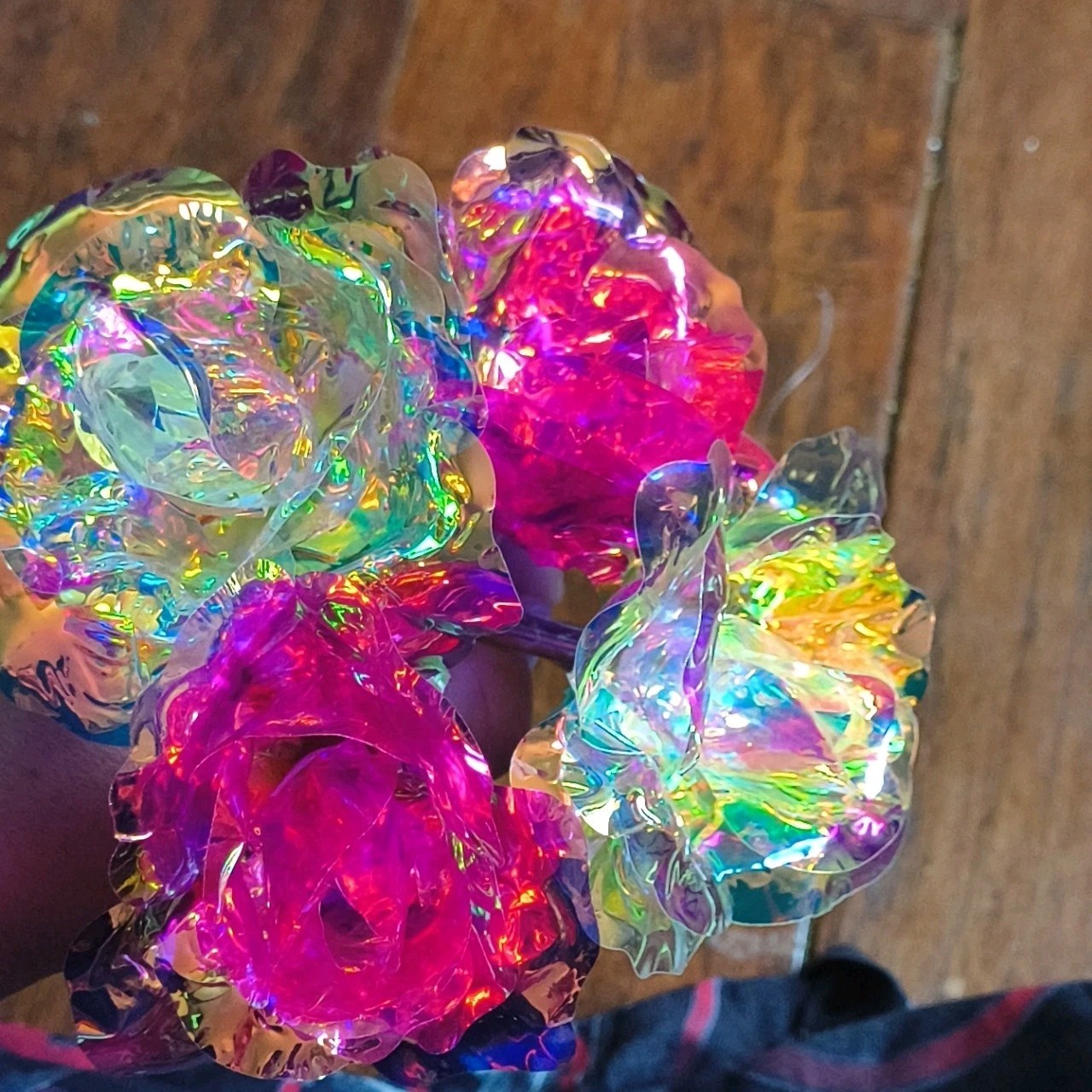 Artificial Multicolor Rose Flower Picks, Iridescent Foil/Plastic Stems