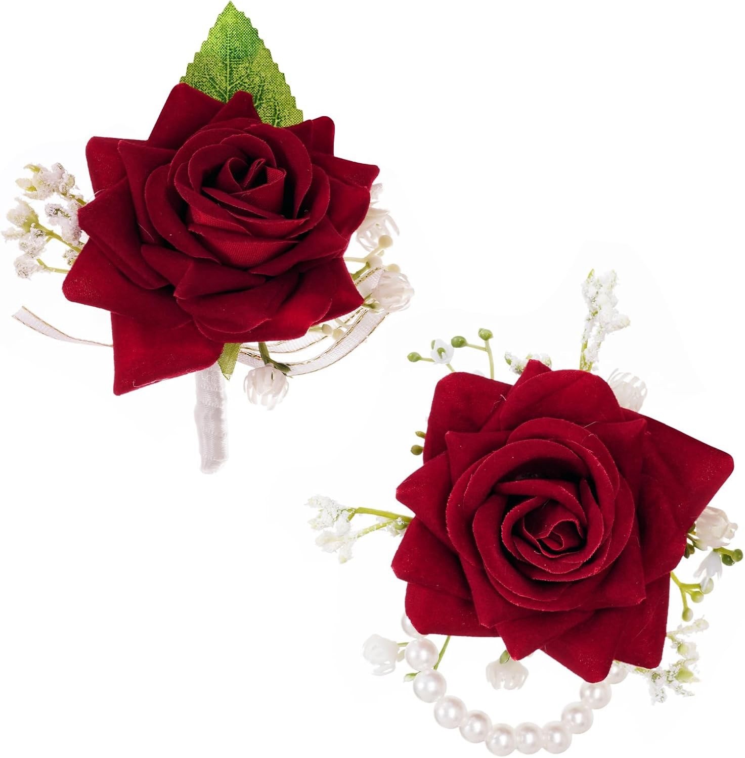 Wrist Corsage and Boutonniere Set Dark Red Rose Maroon Artificial Flower 2 Pcs