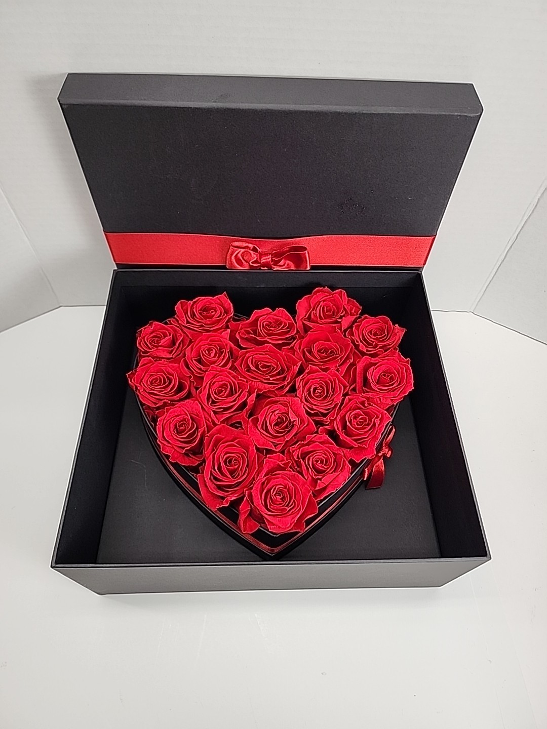 Forever Roses in Luxury Black Box: 18 Real Red Preserved Roses