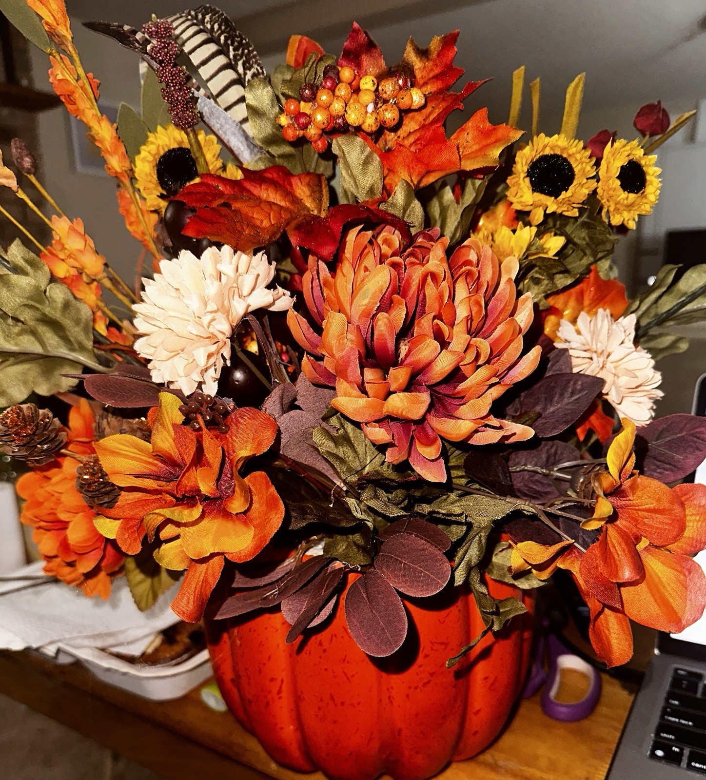 Fall Artificial Sunflower Floral Arrangement & Centerpiece in Orange Pumpkin
