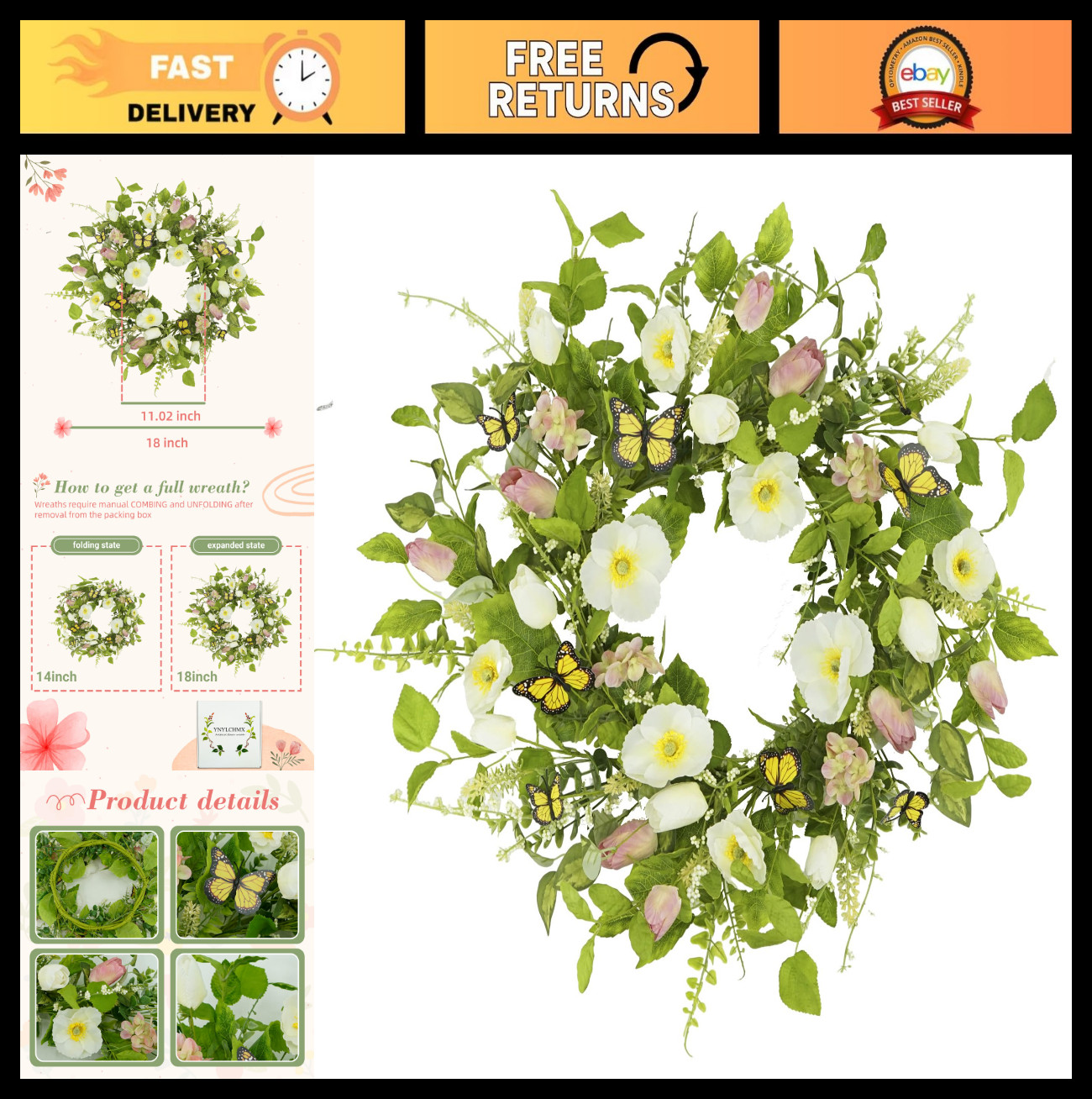 18″ Floral Wreath with Eucalyptus & Butterflies – Spring Summer Door Decor, Gree