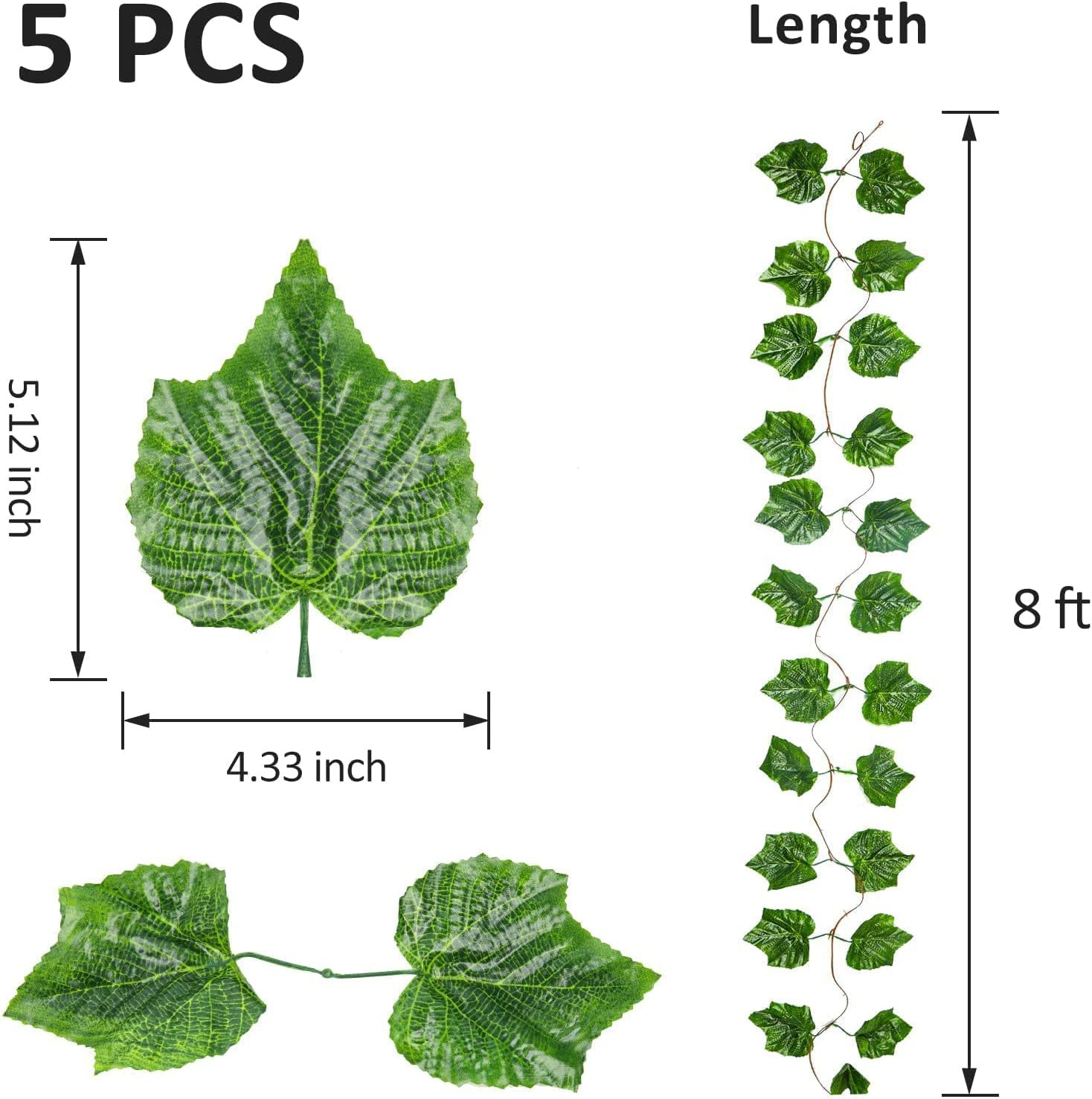 8 Ft 5Pcs Artificial Greenery Ivy Vine Plants Foliage Grape Leaves Vine Simulati