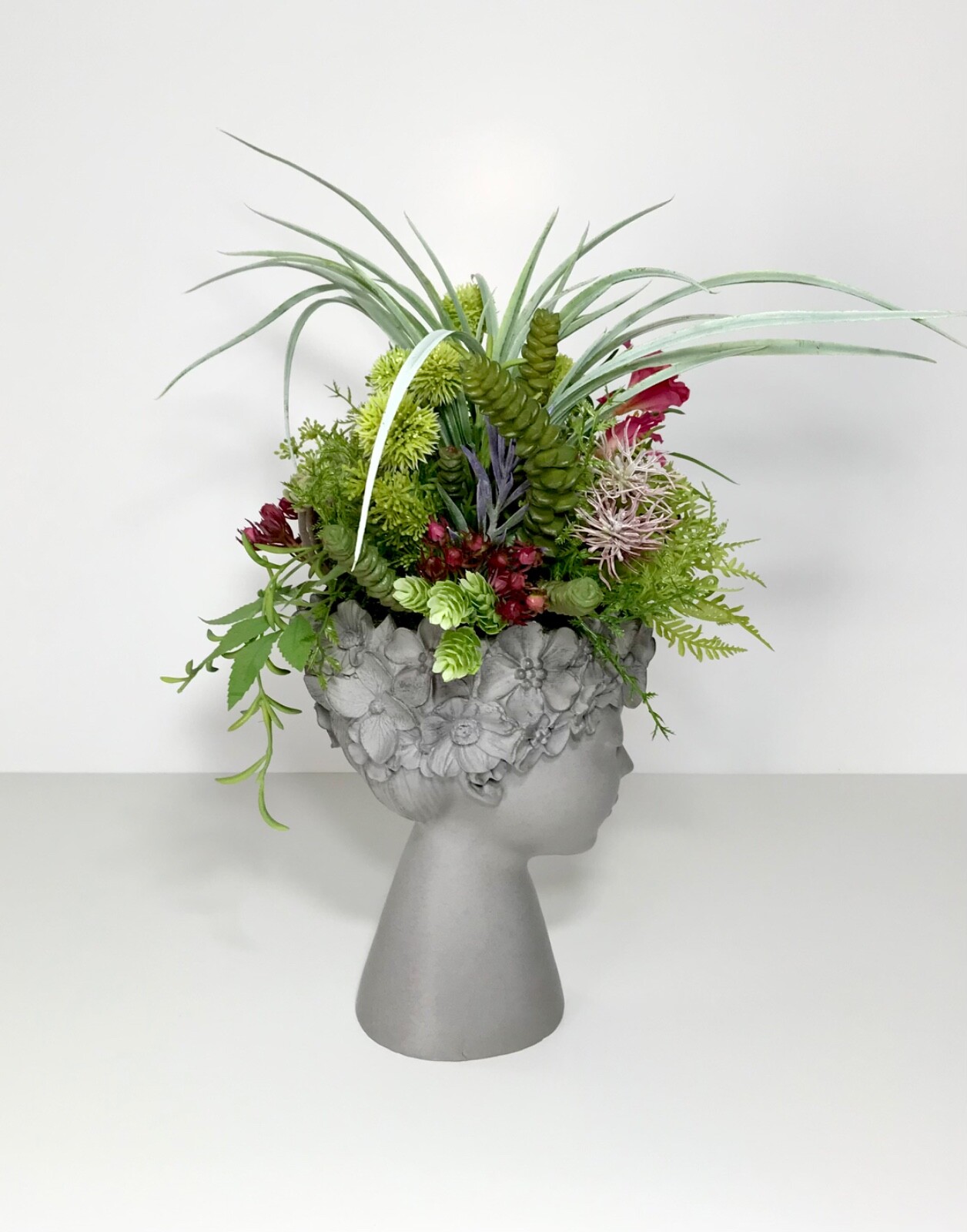 FAIRY GODDESS HEAD VASE FAUX BLOOMING CACTUS SUCCULENTS ARRANGEMENT GIFT NEW