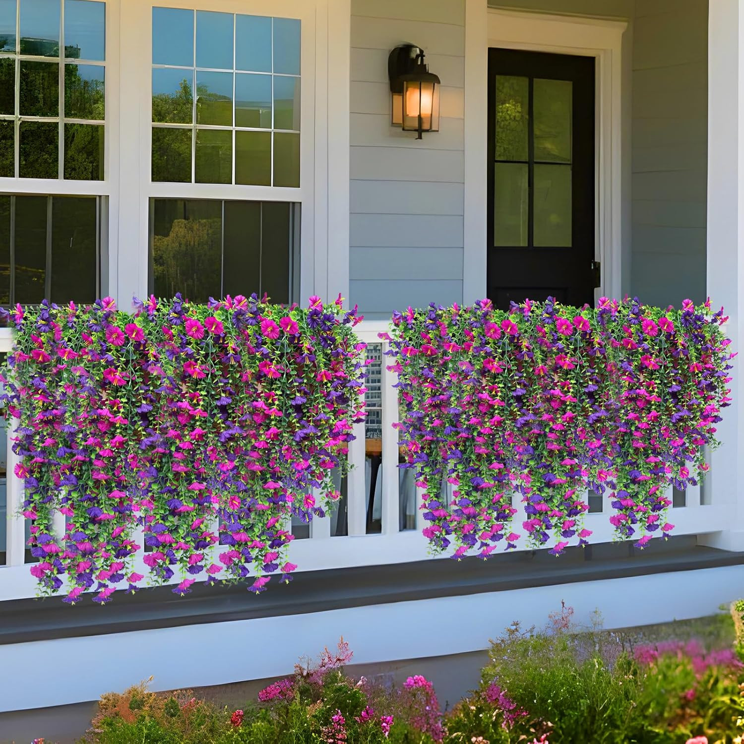 4PCS UV Resistant Faux Hanging Petunias & Eucalyptus for Outdoor Decor