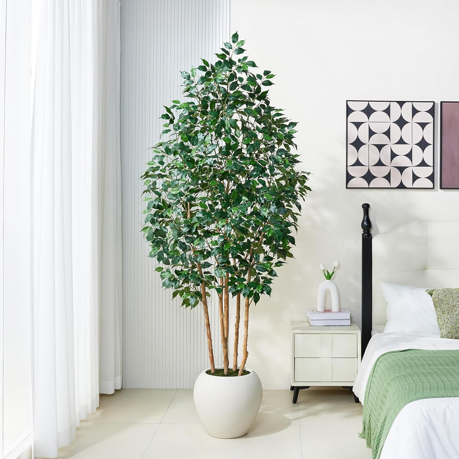 7Ft Ficus Tree – Realistic Faux Plant with White Planter for Home & Office Decor