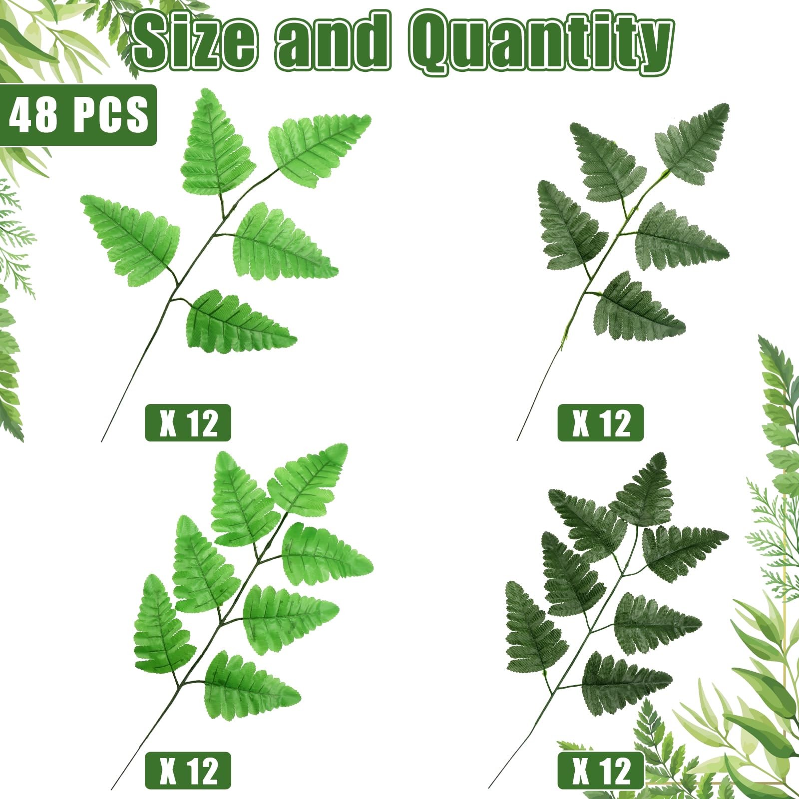 Zeyune 48 Pcs Artificial Silk Fern Artificial Greenery Stems Cemetery 4 Style…