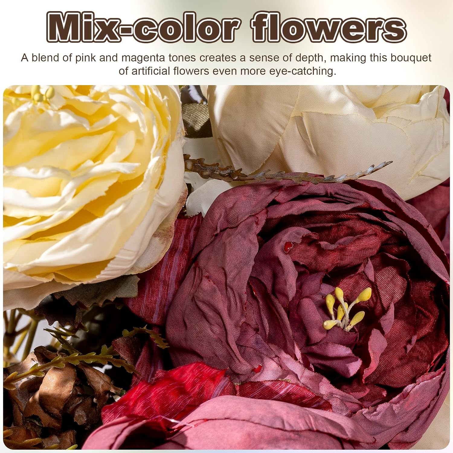 2 Packs Silk Peonies Bouquets – 23 Stems Ivory & Burgundy for Home Decor