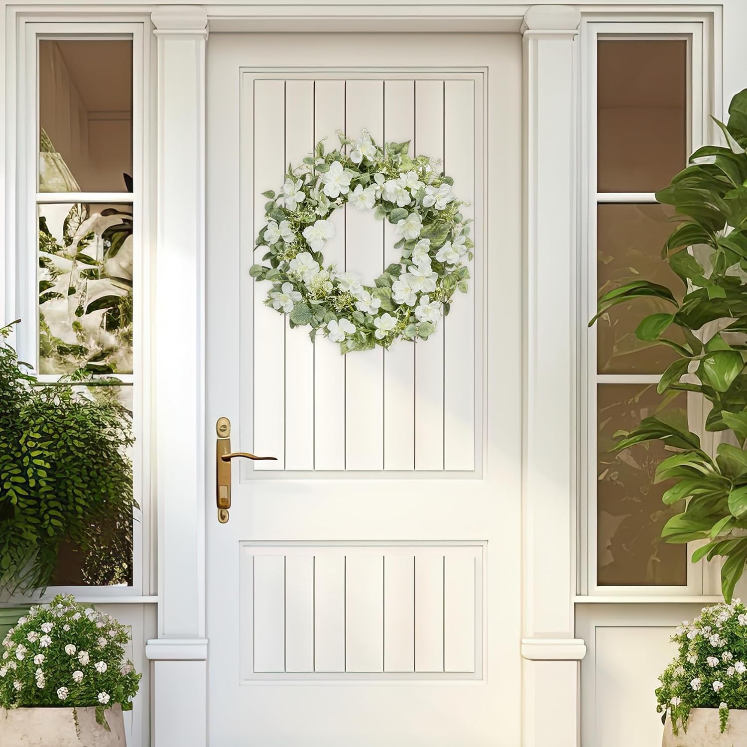 20-Inch Spring & Summer Artificial Floral Wreath with White Roses & Eucalyptus