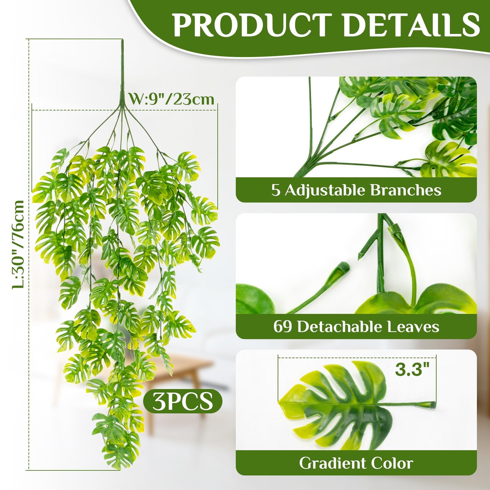 3PCS Fake Hanging Plants – 27.5″ Uv Resistant Artificial Monstera Vines with …
