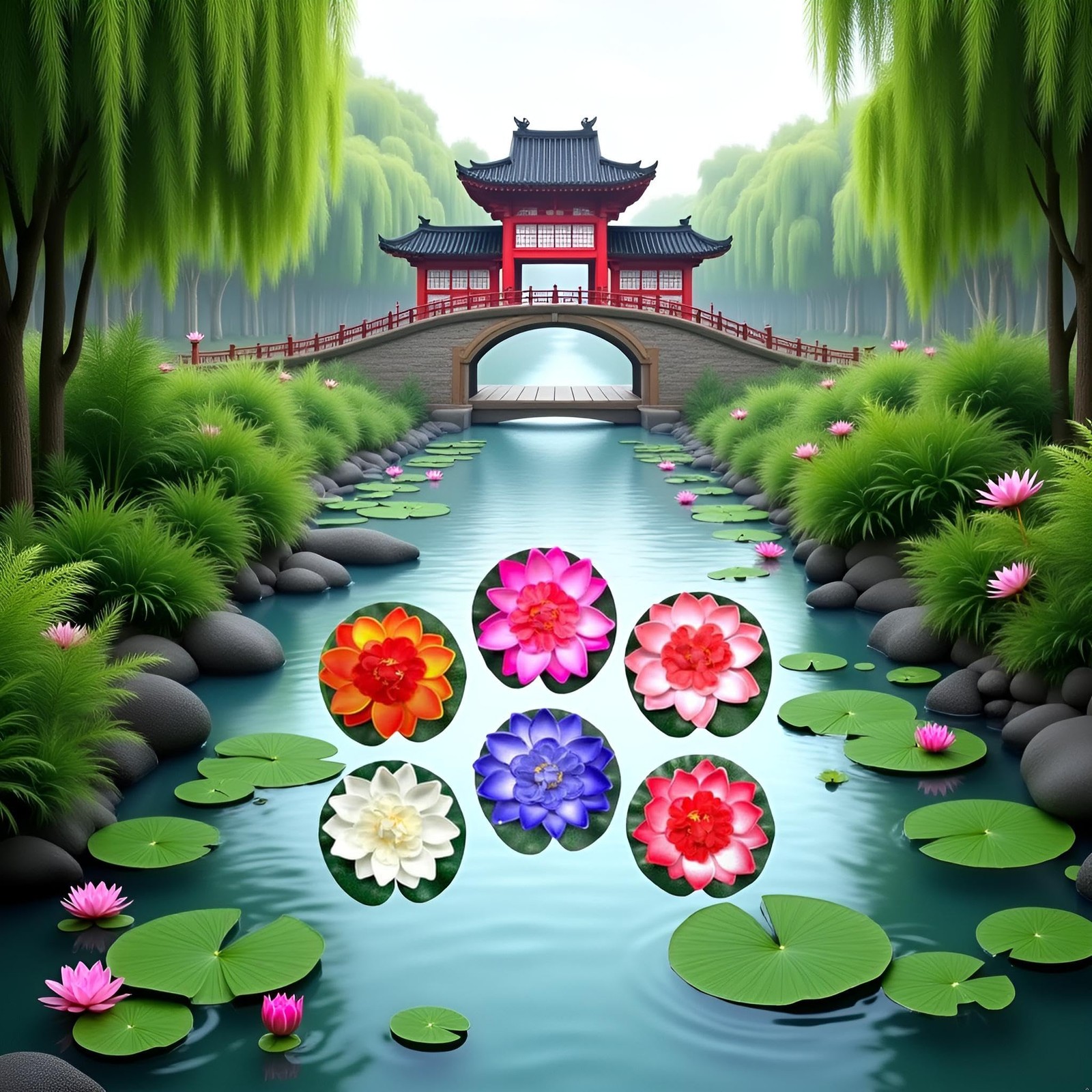 6 Pcs Large Floating Lotus Flowers Faux with Artificial Lily Pads, Artificial.