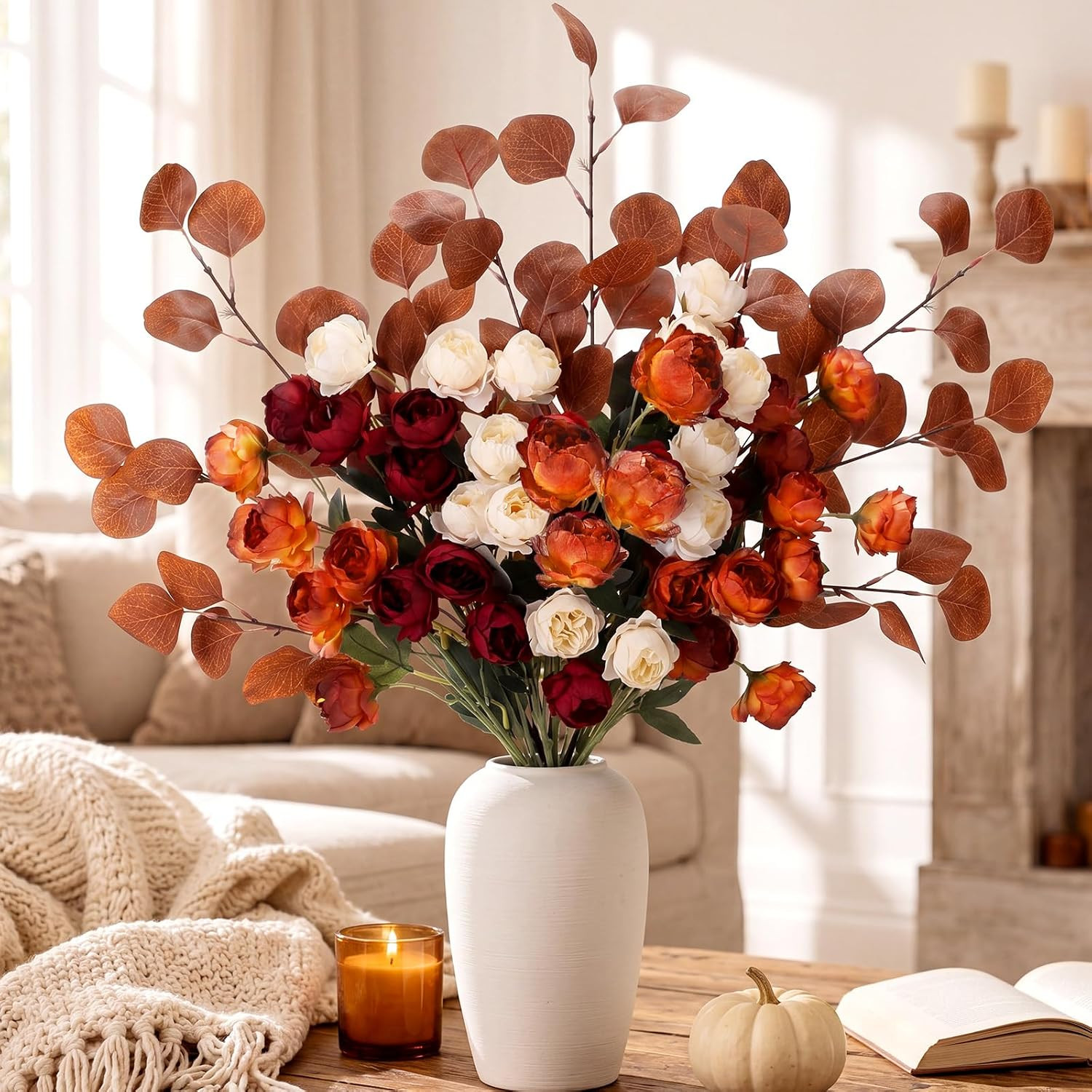 30” Burnt Orange Faux Peonies – 10 Pcs Fall Floral Arrangement for Decor