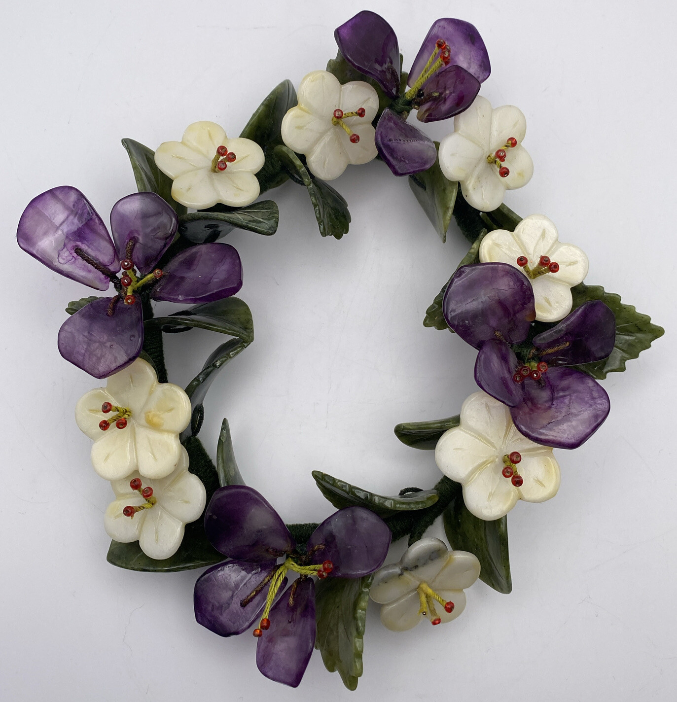 Asian Style Carved Semi Precious Stones Floral Candle Ring Wreath