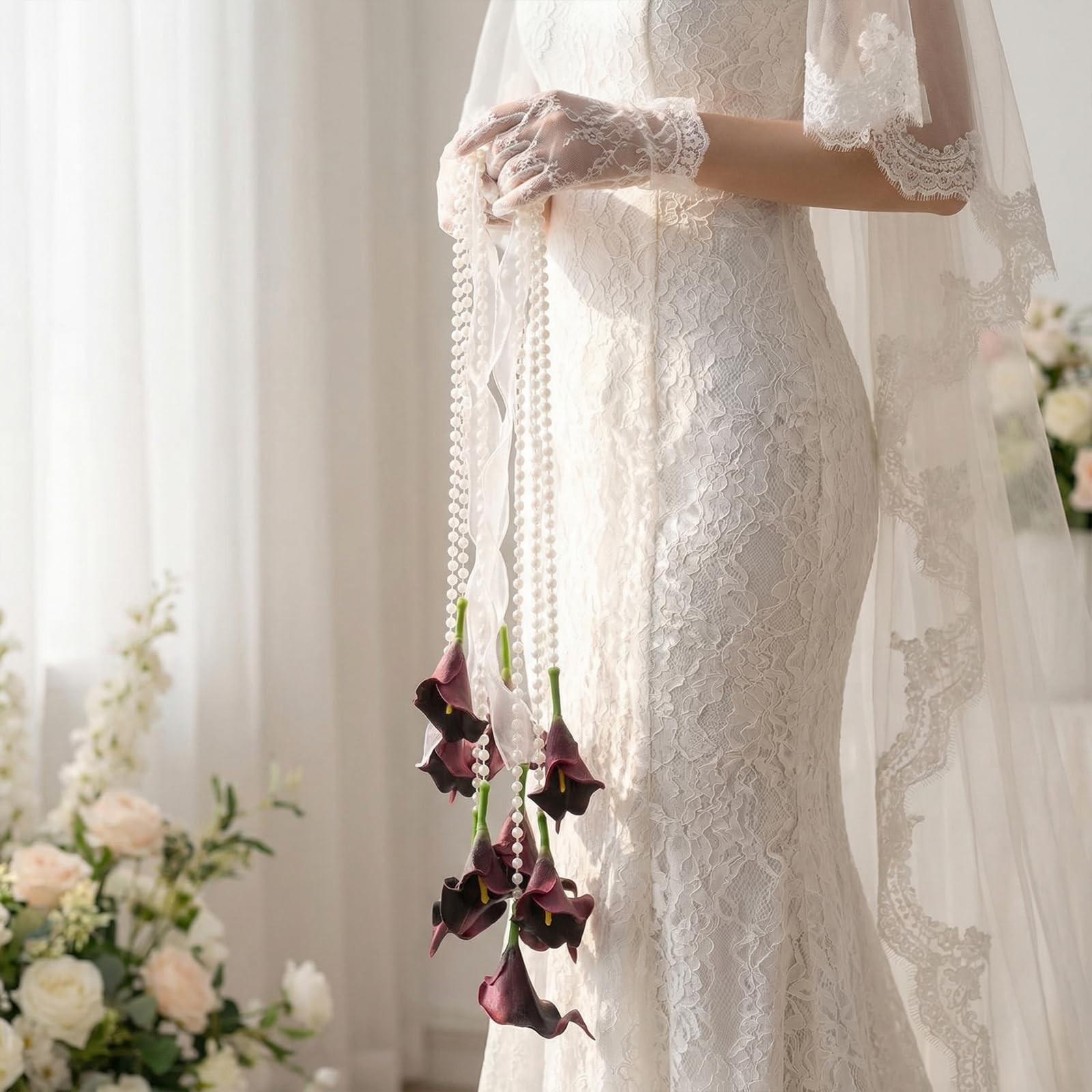 White Rose Bridal Bouquet with Pearl Handle, Bridal Pearly Bouquet with Flowe…