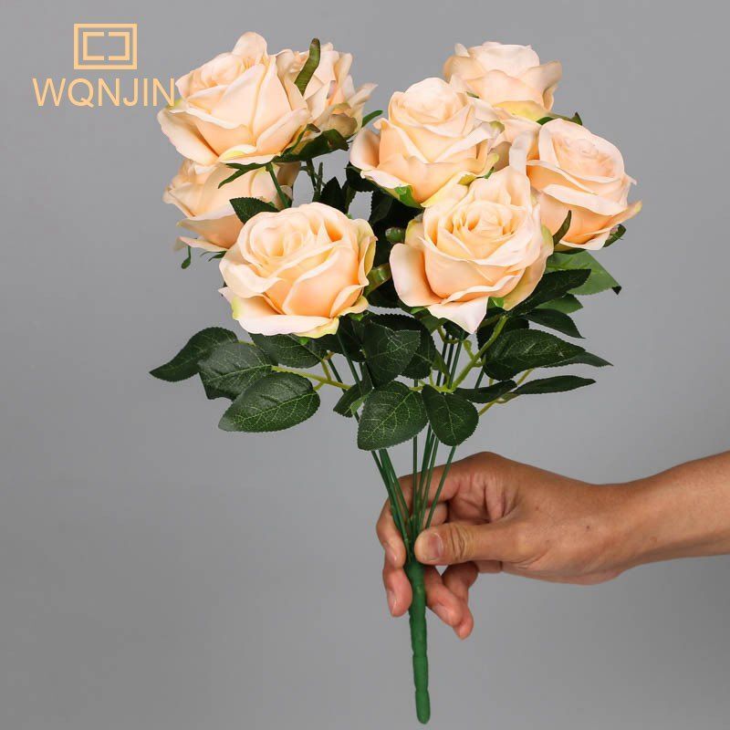 9 Artificial Rose Heads Big Bouquet Silk Flower Bunch – DIY Wedding Party Decor
