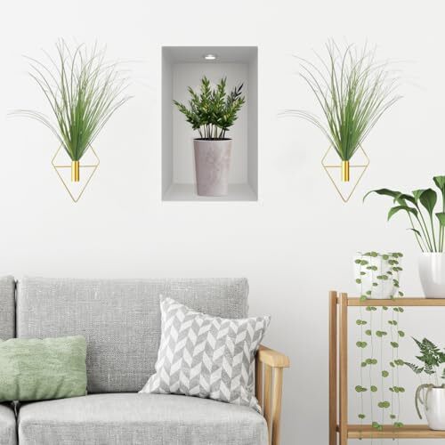 Hanging Planters with Artificial Plants, 2pcs Diamond Shape Metal Hanging Gold