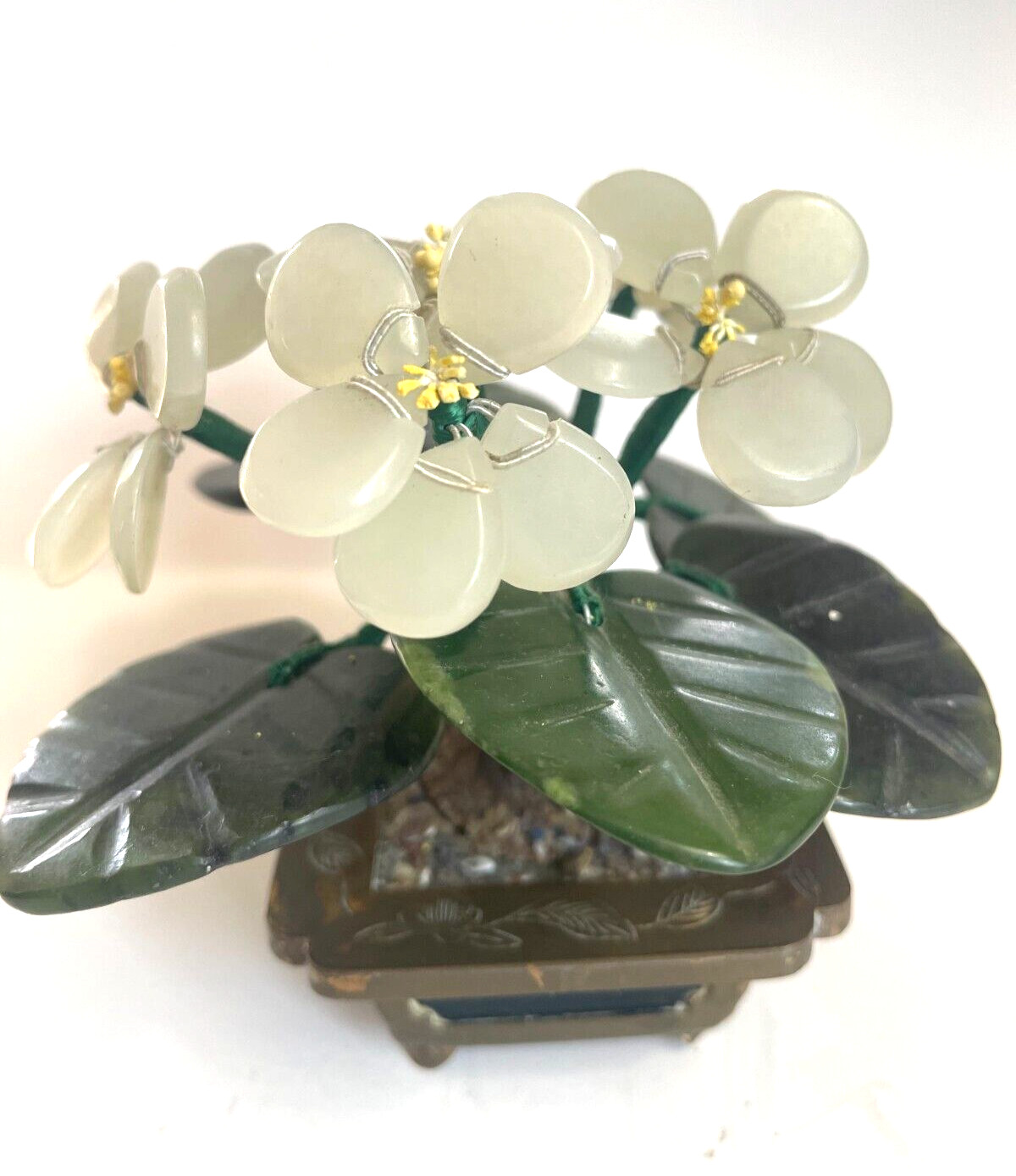 6 Jade Flowers and Petals in Brass Planter 4 “1970s Made in Hong Kong Vintage