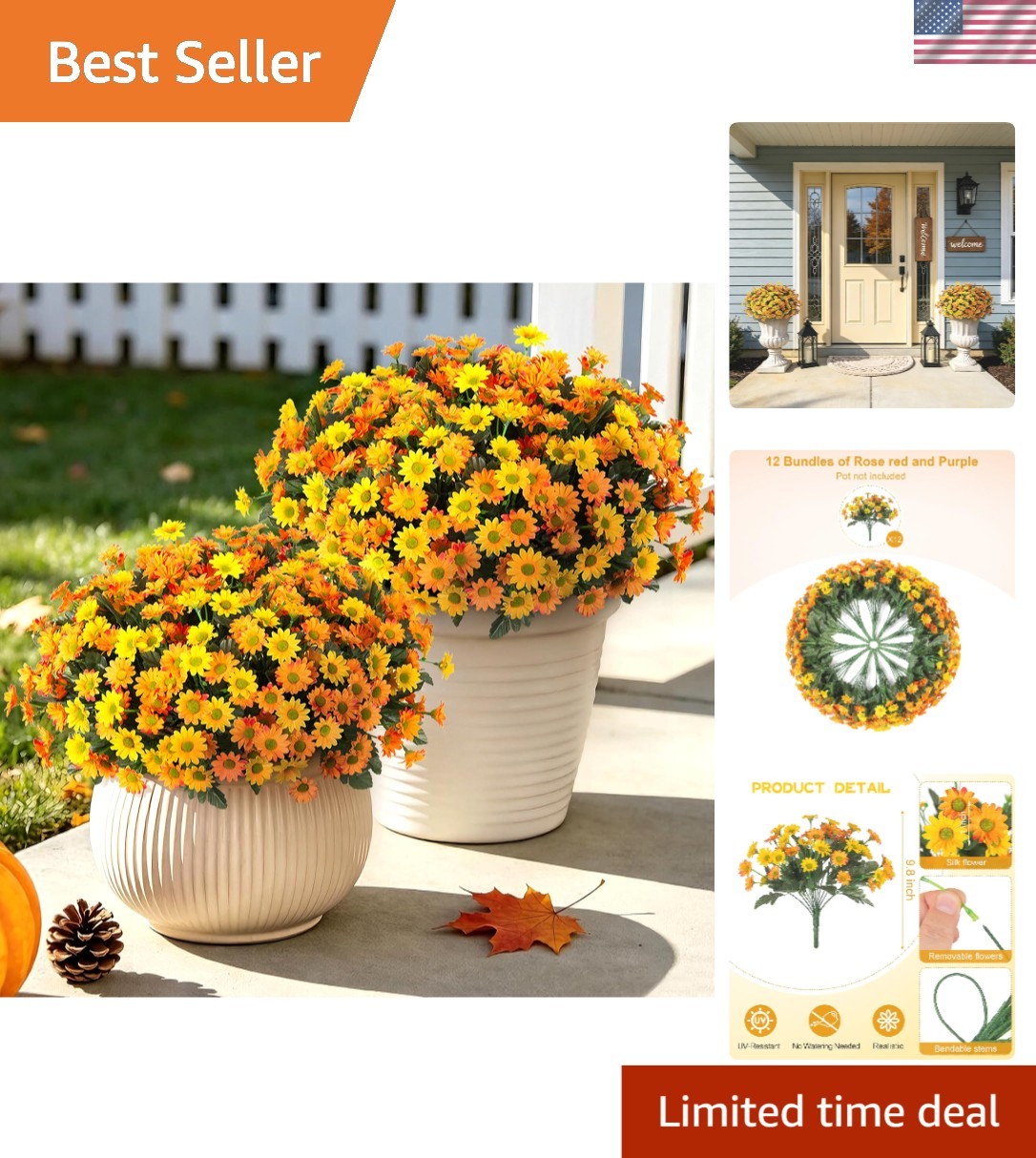 12 Bundles of UV Resistant Fake Mums – Lifelike Outdoor Decor for All Seasons