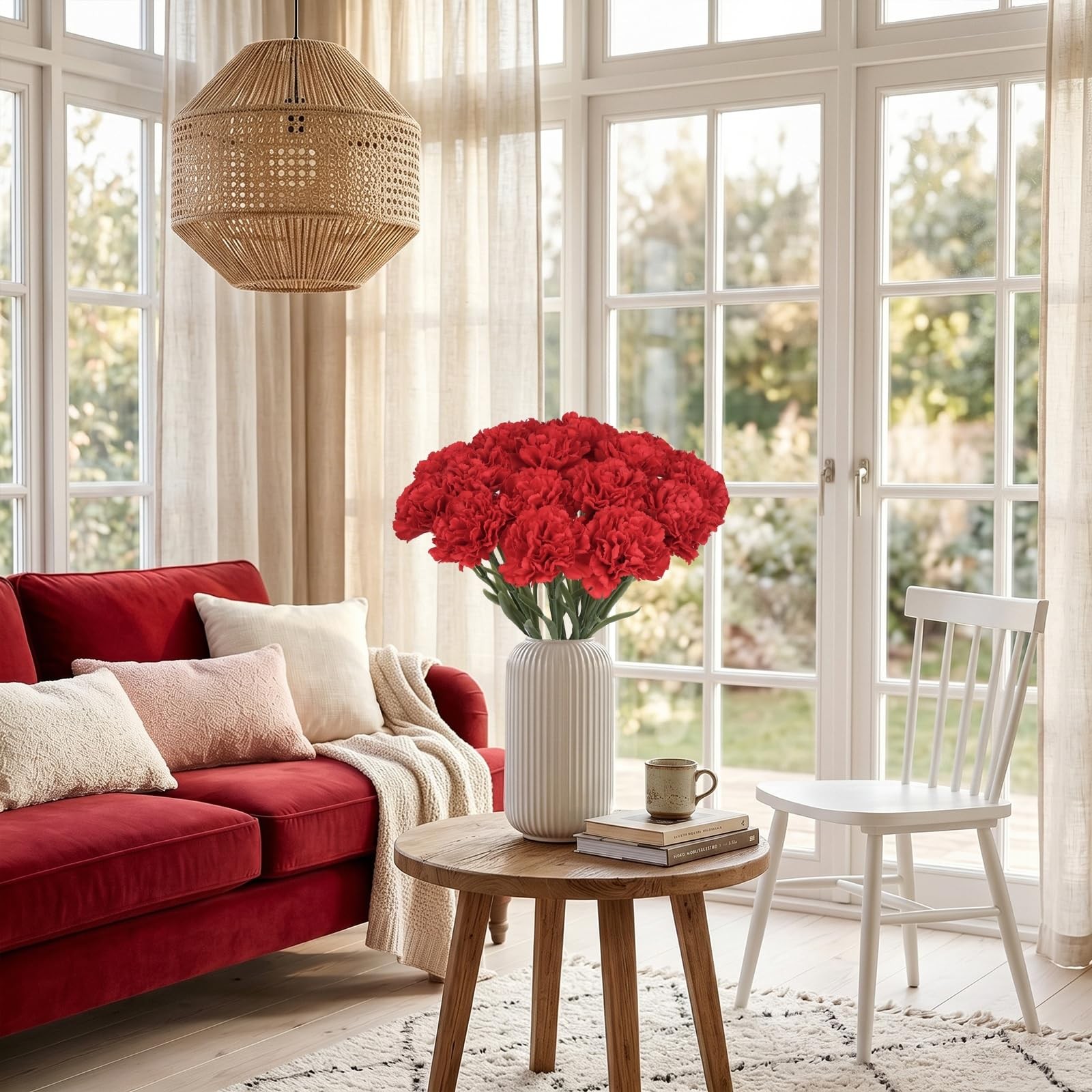 Red Carnations Artificial Flowers 16PCS 15.75″ Fake Carnations Silk Flowers f…