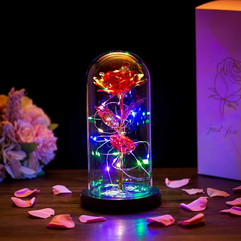 Romantic Forever Rose Flower In Dome Glass LED Night Light Anniversaries Gift
