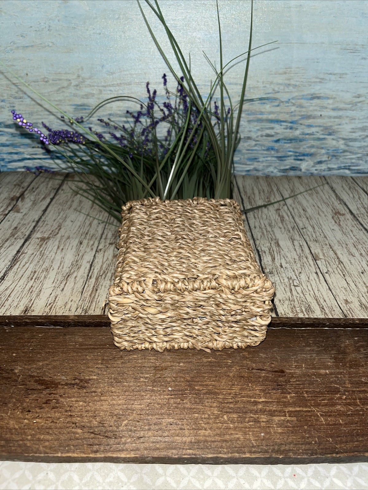 Artificial Lavender Flowers in Woven Sea Grass Basket 4”x16”
