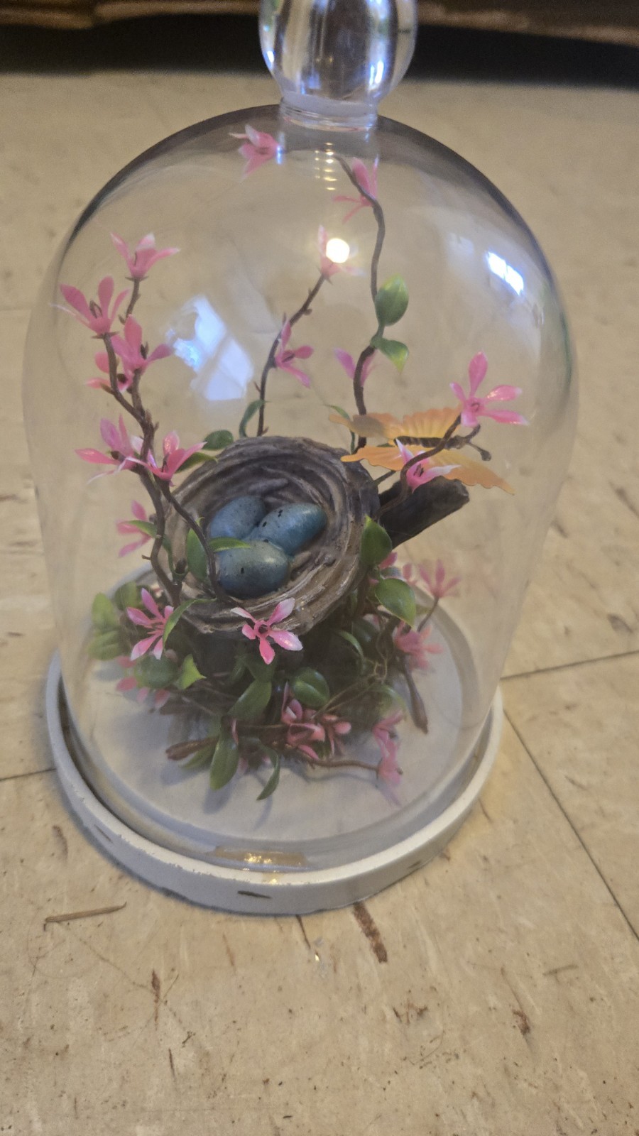 Artificial Floral Arrangement Glass Dome with Bird Nest, Eggs, Butterfly, Pink …