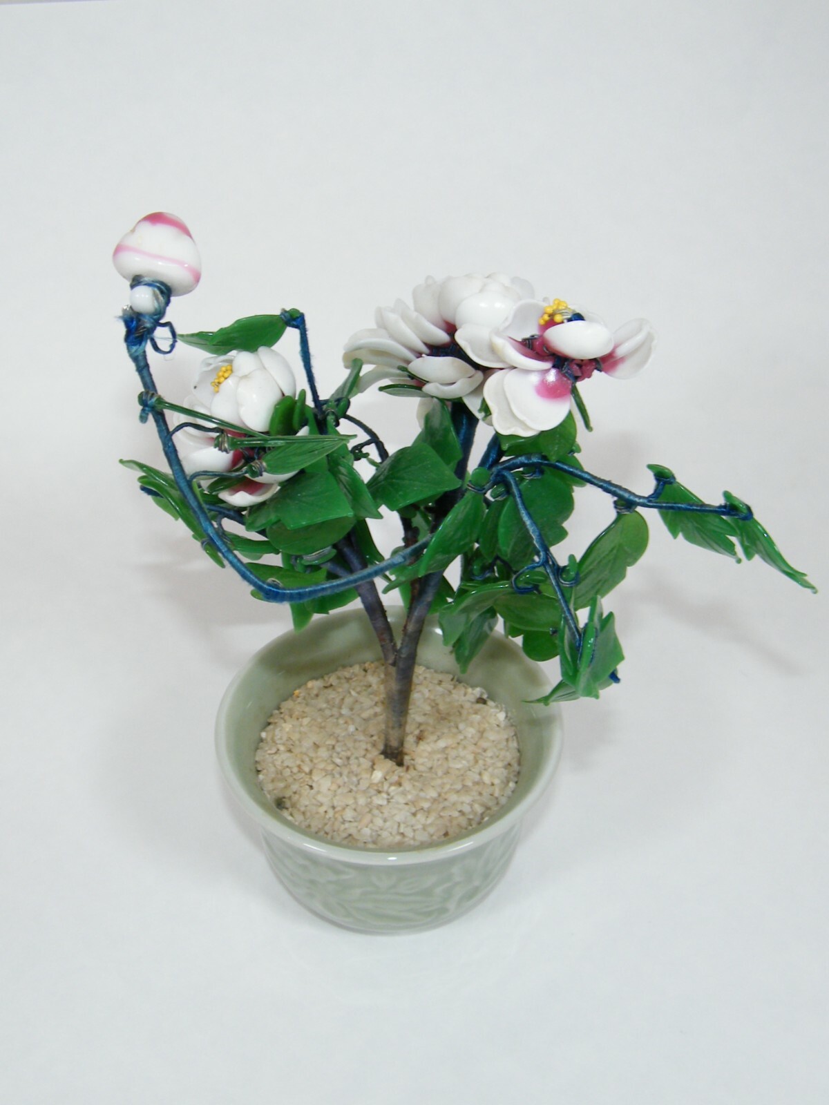 COLORED GLASS FLOWERS IN POT 10″ BONSAI TREE WHITE PINK GREEN POTTED