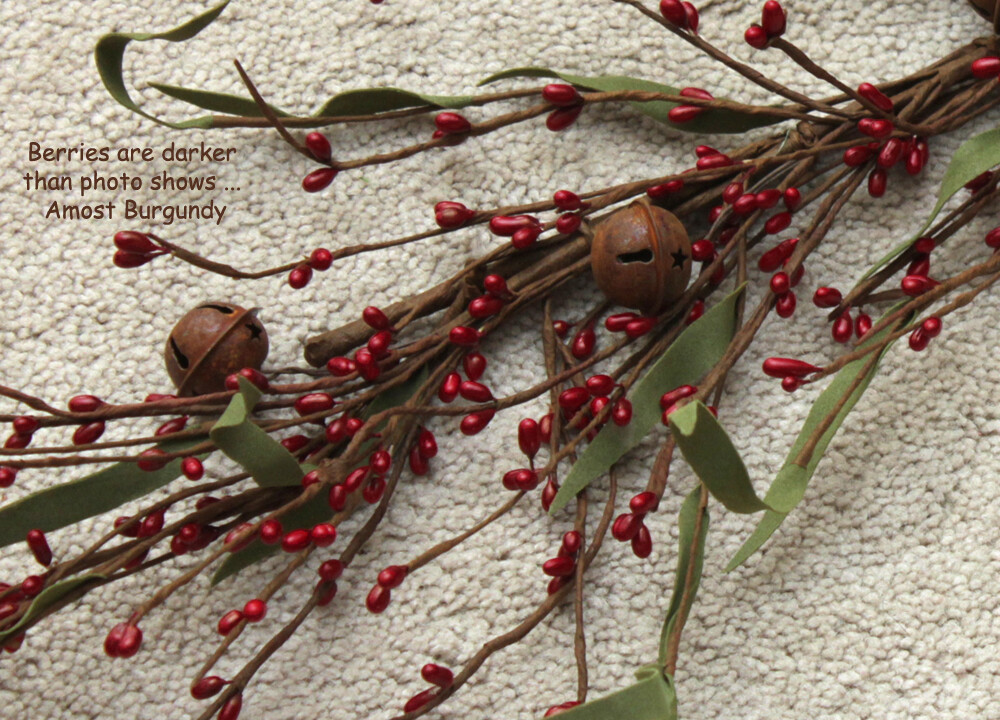 55″ Dark Antique Red PIP BERRY Wired Garland w/Rusty Tin BELLS & Green Leaves
