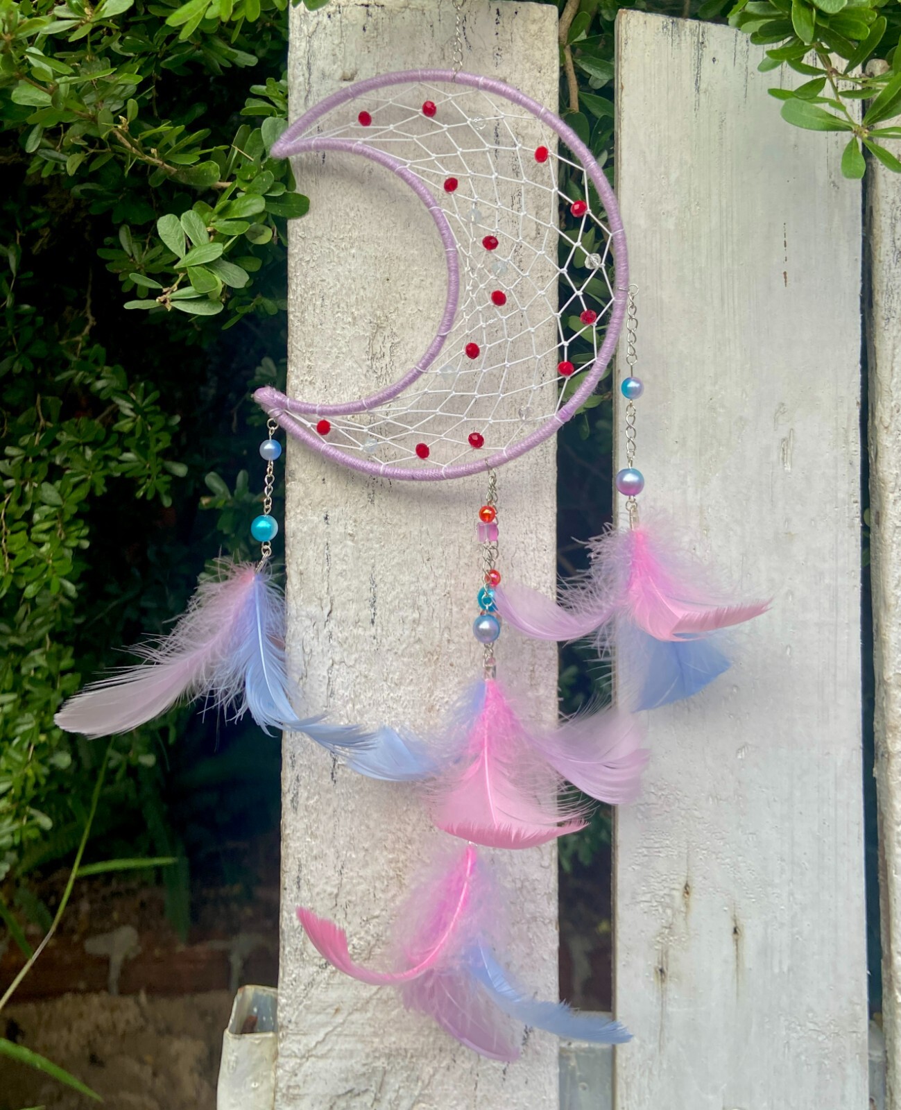 Mystical Pink Moon Dream Catcher with Tree Motifs and Delicate Stone Details