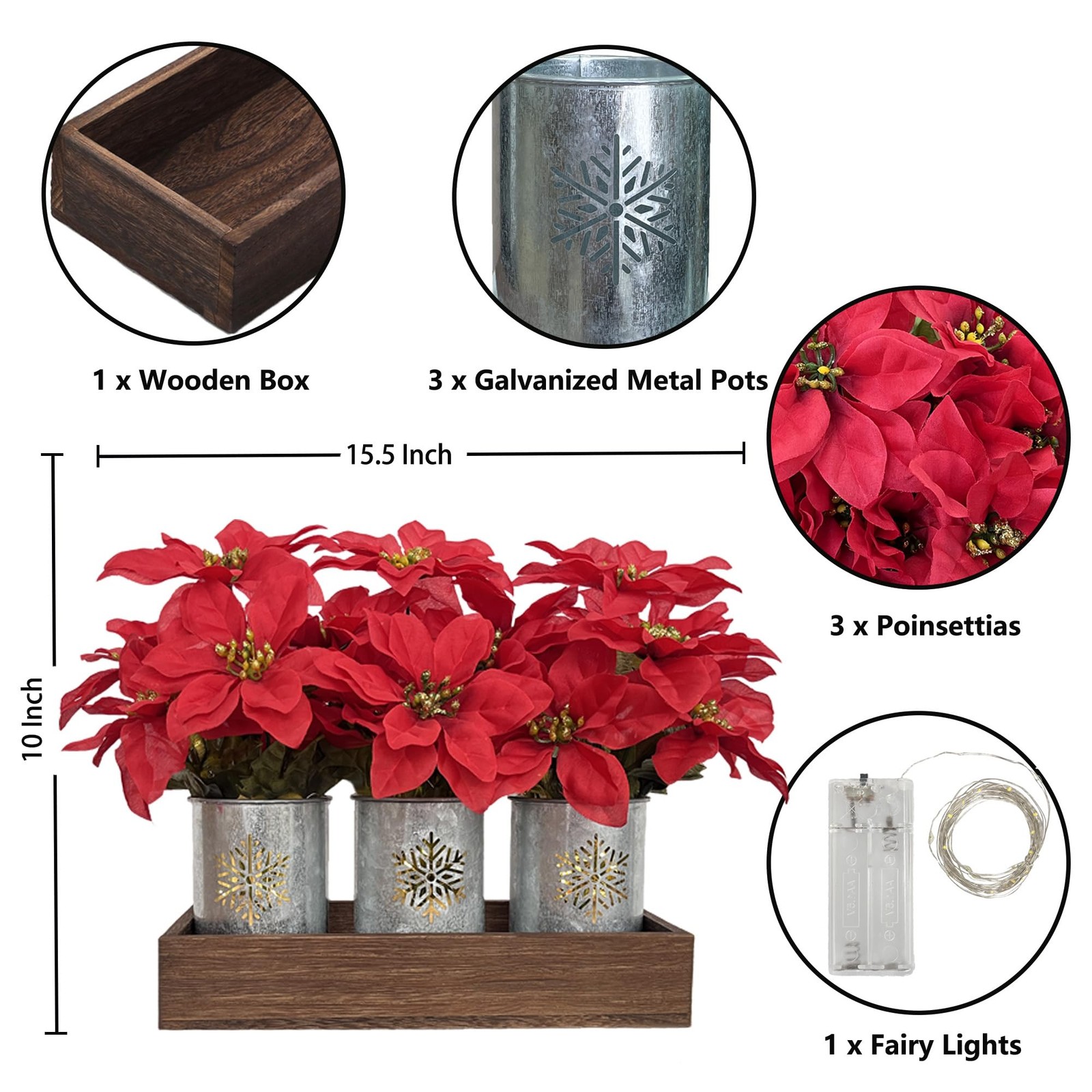 3 PCS Artificial Poinsettia Flower Arrangement Galvanized Pot Wood Tray Lights